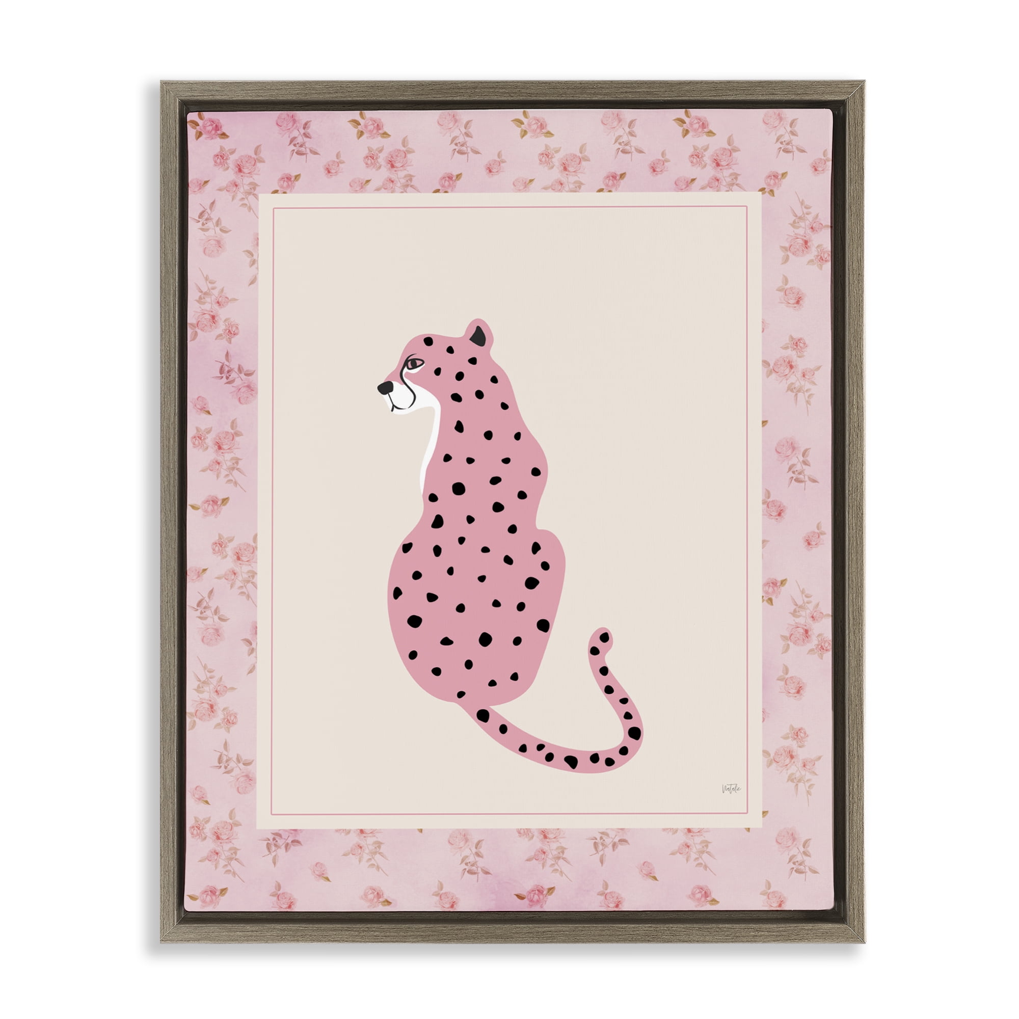 Stupell Industries Pink Sitting Cheetah with Border Brown Framed Floater Canvas Wall Art, design by Natalie Carpentieri
