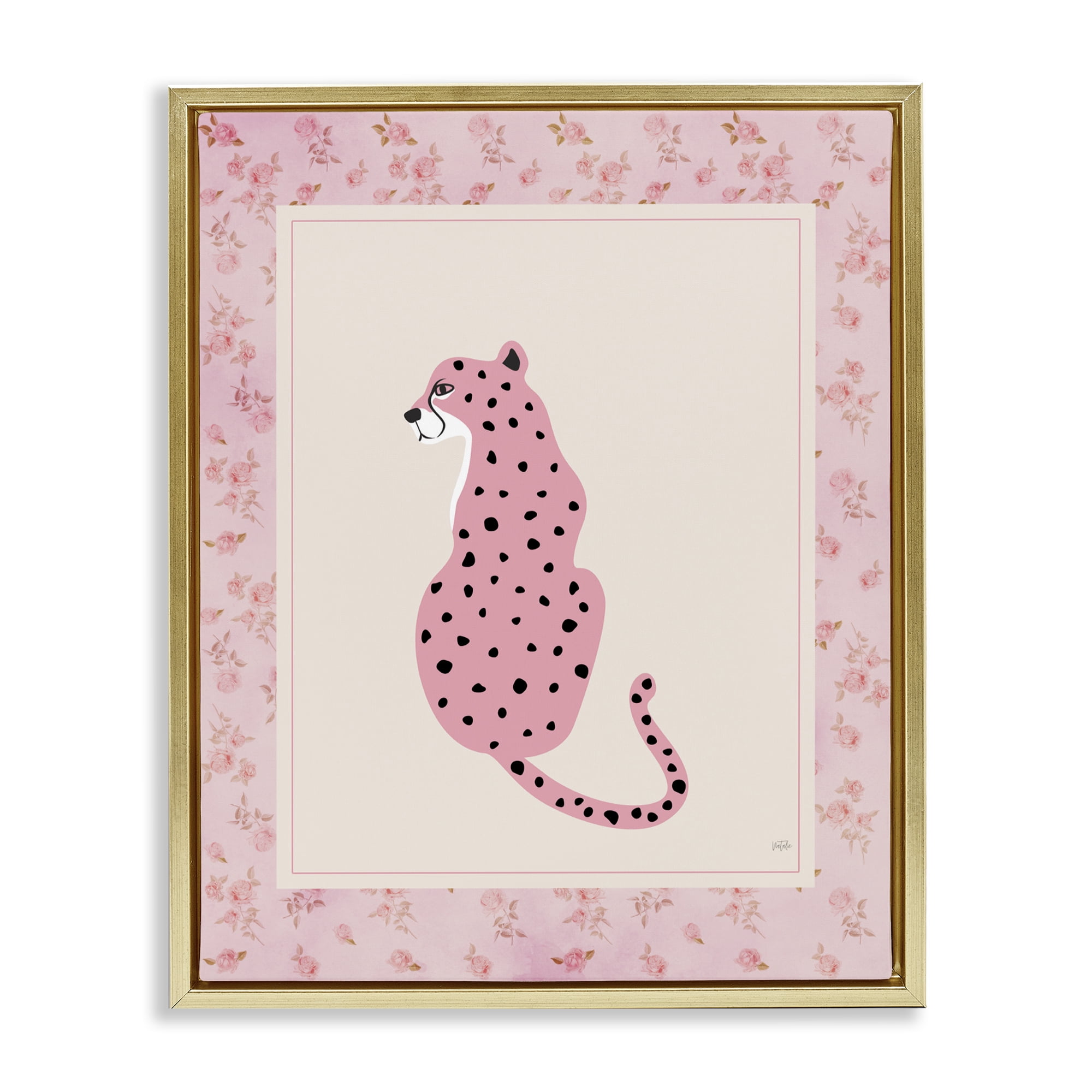 Stupell Industries Pink Sitting Cheetah with Border Gold Framed Floater Canvas Wall Art, design by Natalie Carpentieri