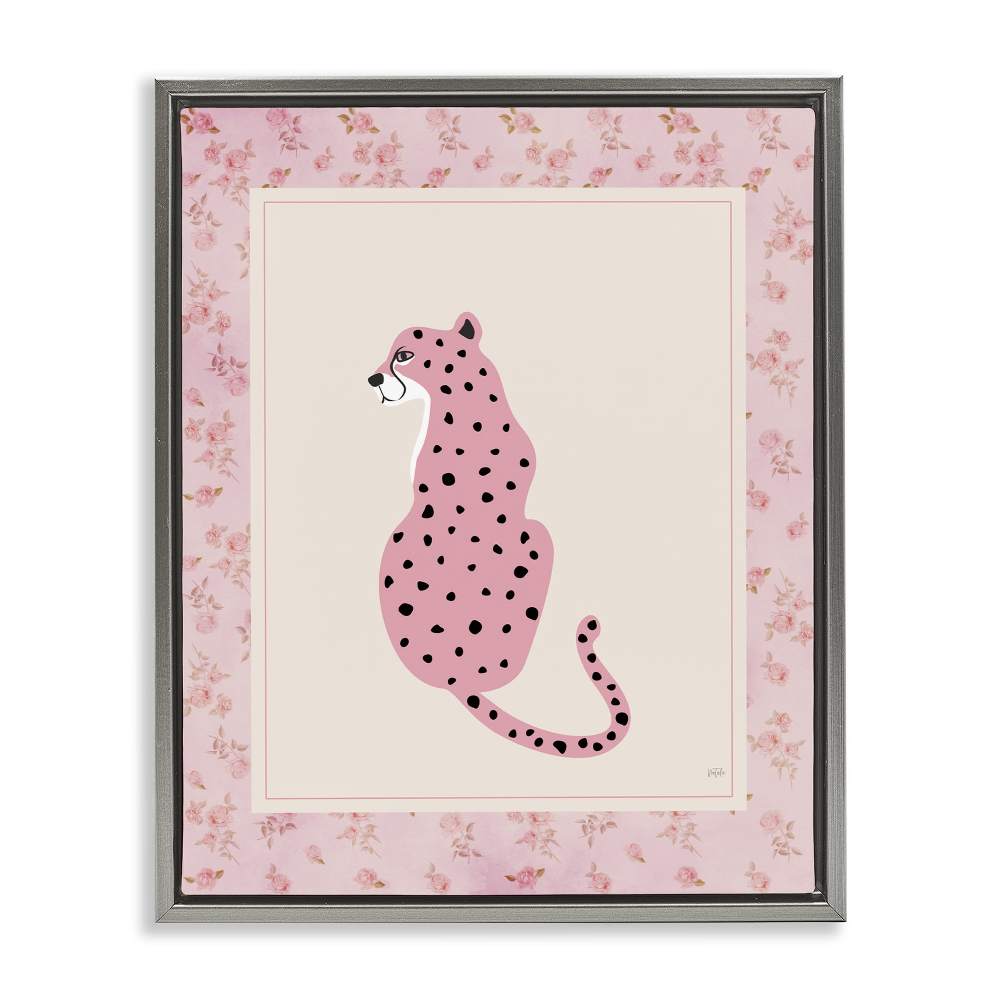 Stupell Industries Pink Sitting Cheetah with Border Gray Framed Floater Canvas Wall Art, design by Natalie Carpentieri
