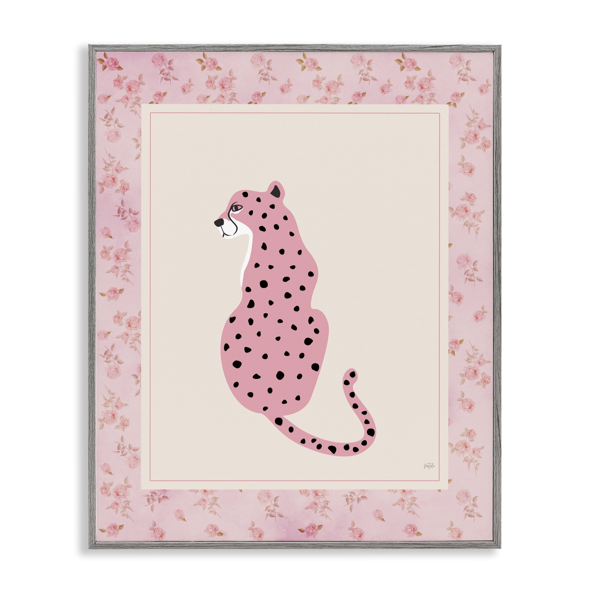 Stupell Industries Pink Sitting Cheetah with Border Gray Framed Giclee Art, design by Natalie Carpentieri