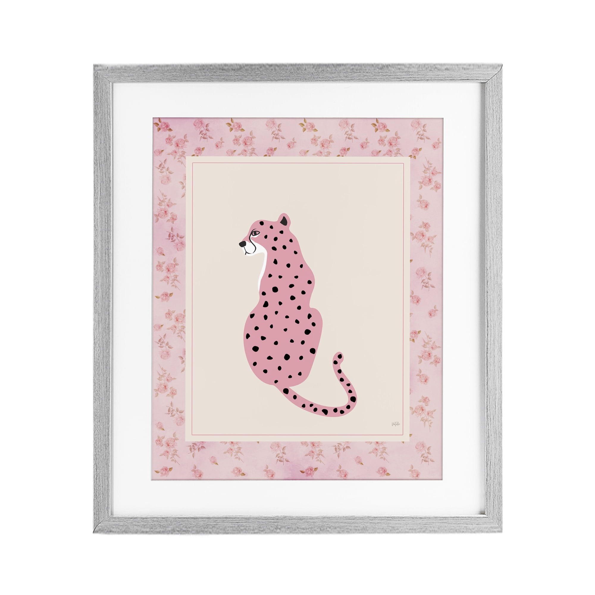 Stupell Industries Pink Sitting Cheetah with Border Gray Framed Print Under Glass, design by Natalie Carpentieri