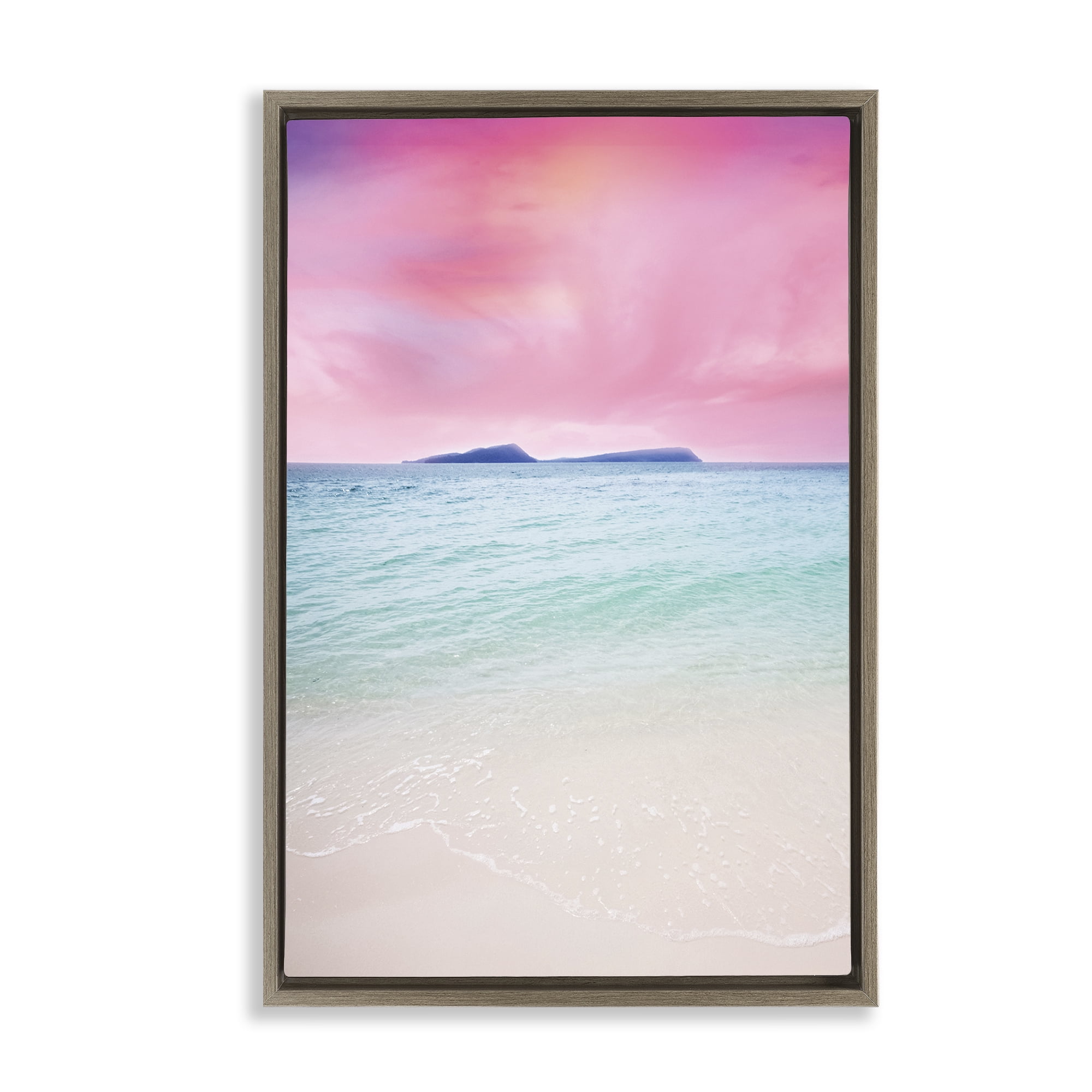 Stupell Industries Pink Sky Shoreline Landscape & Nature Photography Brown Floater Framed Canvas Art Print Wall Art, 21 x 31