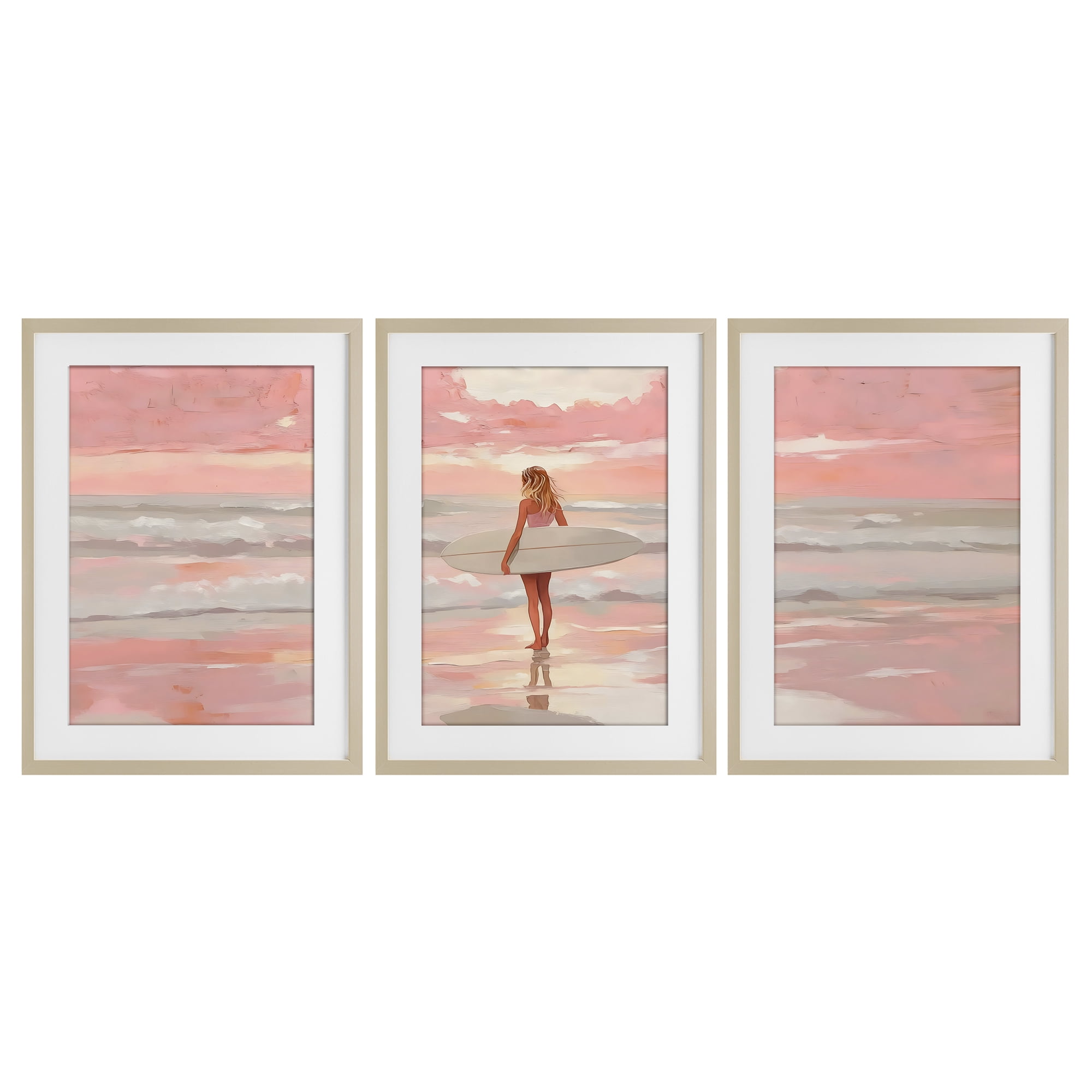 Stupell Industries Pink Sky Surfer Sunrise 3 Piece Birch Framed Print Under Glass Set, design by LSR Design Studio