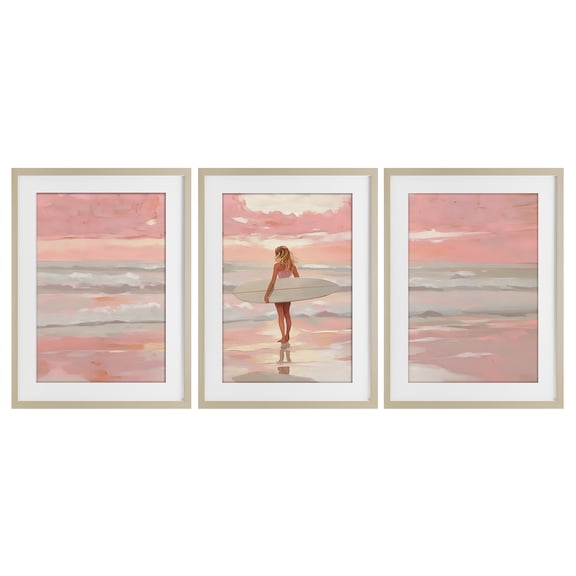 Stupell Industries Pink Sky Surfer Sunrise 3 Piece Birch Framed Print Under Glass Set, design by LSR Design Studio