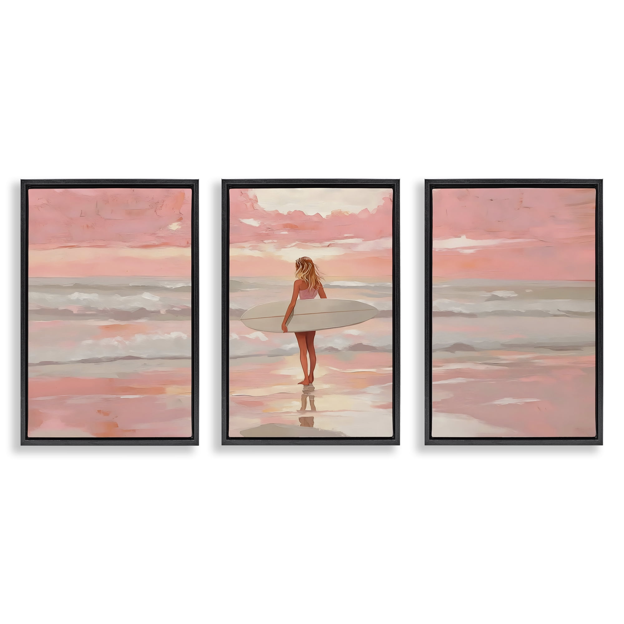 Stupell Industries Pink Sky Surfer Sunrise 3 Piece Black Framed Floater Canvas Set, design by LSR Design Studio