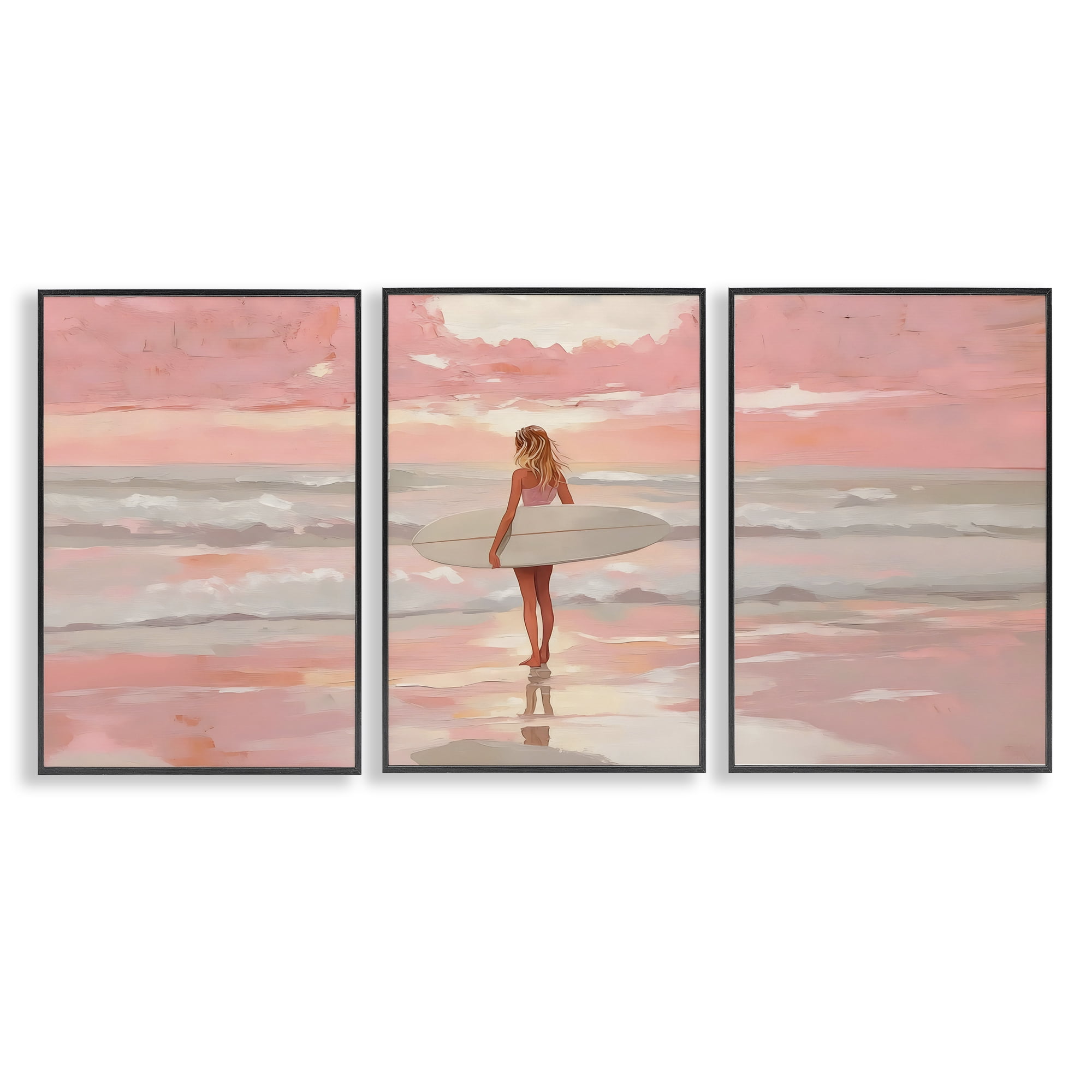 Stupell Industries Pink Sky Surfer Sunrise 3 Piece Black Framed Giclee Art Set, design by LSR Design Studio