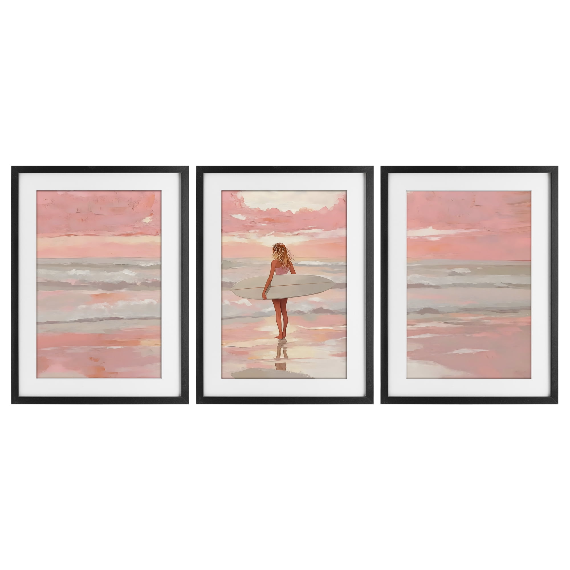 Stupell Industries Pink Sky Surfer Sunrise 3 Piece Black Framed Print Under Glass Set, design by LSR Design Studio