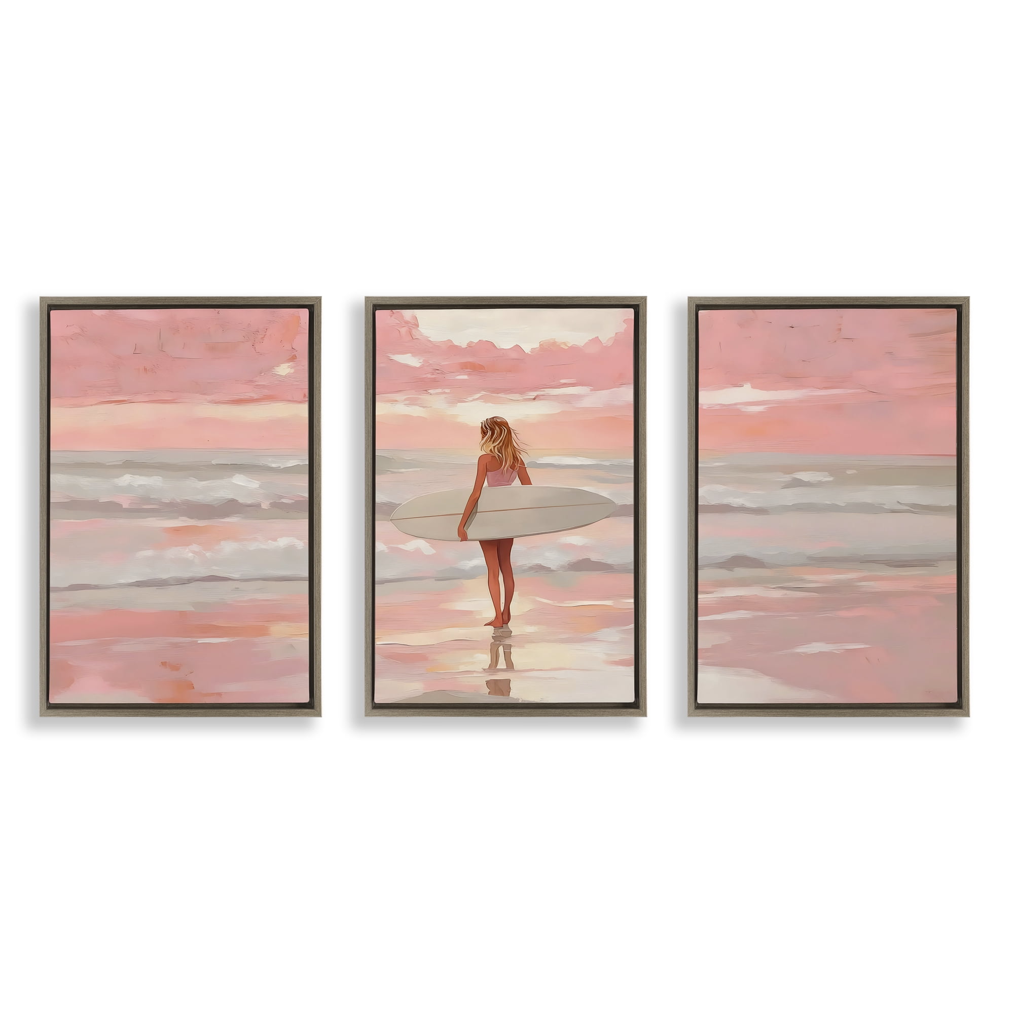 Stupell Industries Pink Sky Surfer Sunrise 3 Piece Brown Framed Floater Canvas Set, design by LSR Design Studio