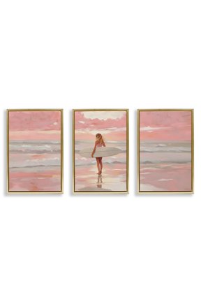 Industries Pink Sky Surfer Sunrise 3 Piece Gold Framed Floater Canvas Set, design by LSR Design Studio