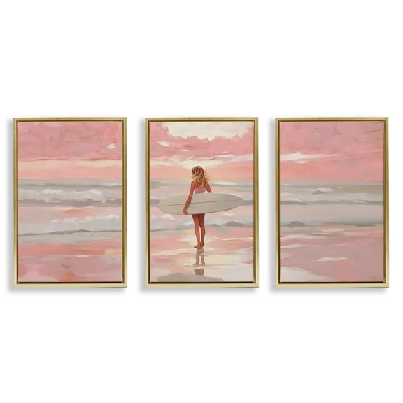Stupell Industries Pink Sky Surfer Sunrise 3 Piece Gold Framed Floater Canvas Set, design by LSR Design Studio