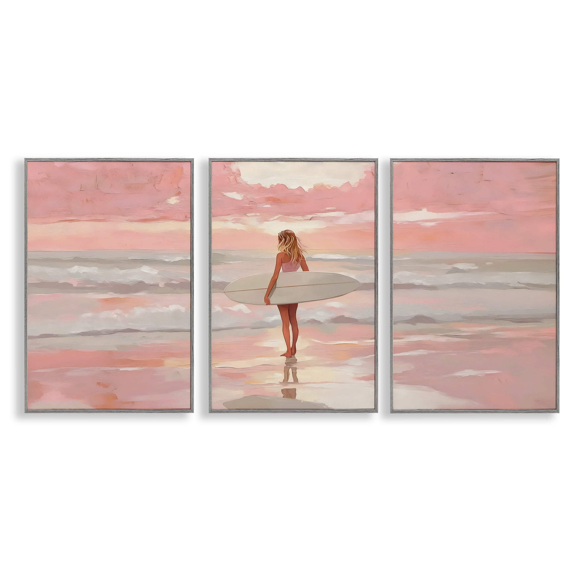 Stupell Industries Pink Sky Surfer Sunrise 3 Piece Gray Framed Giclee Art Set, design by LSR Design Studio