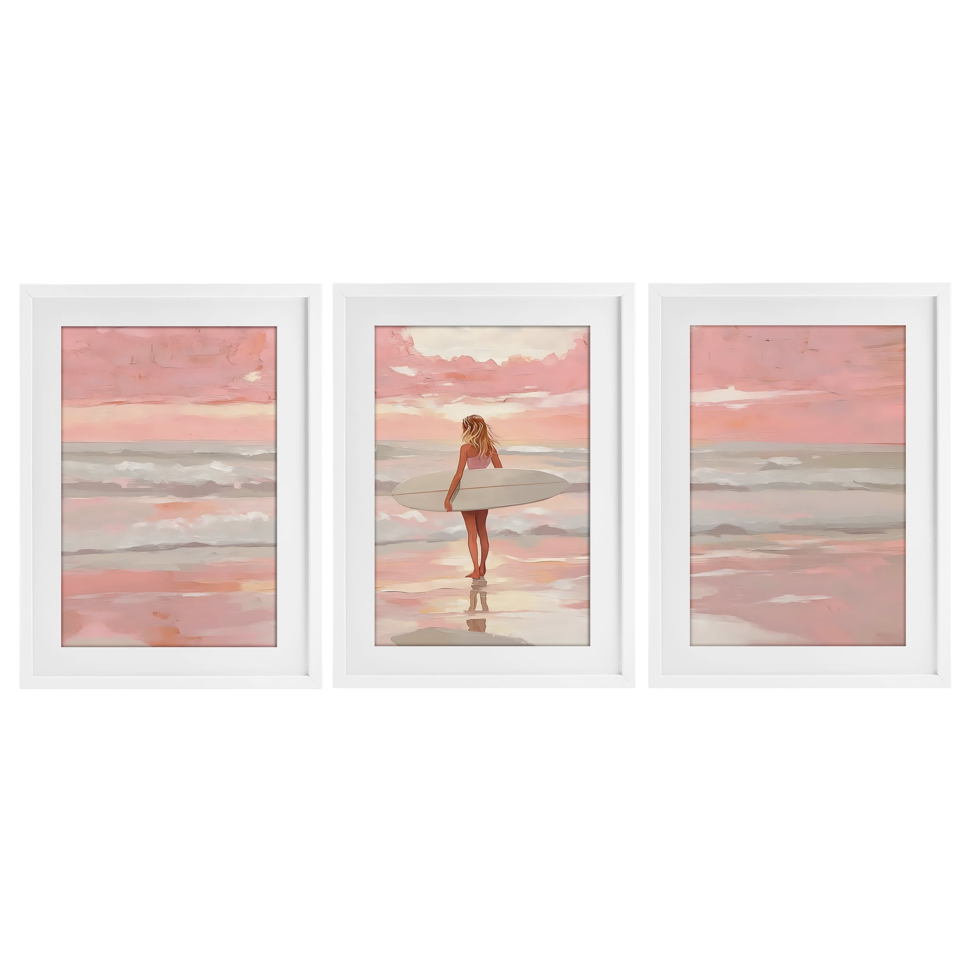 Stupell Industries Pink Sky Surfer Sunrise 3 Piece White Framed Print Under Glass Set, design by LSR Design Studio