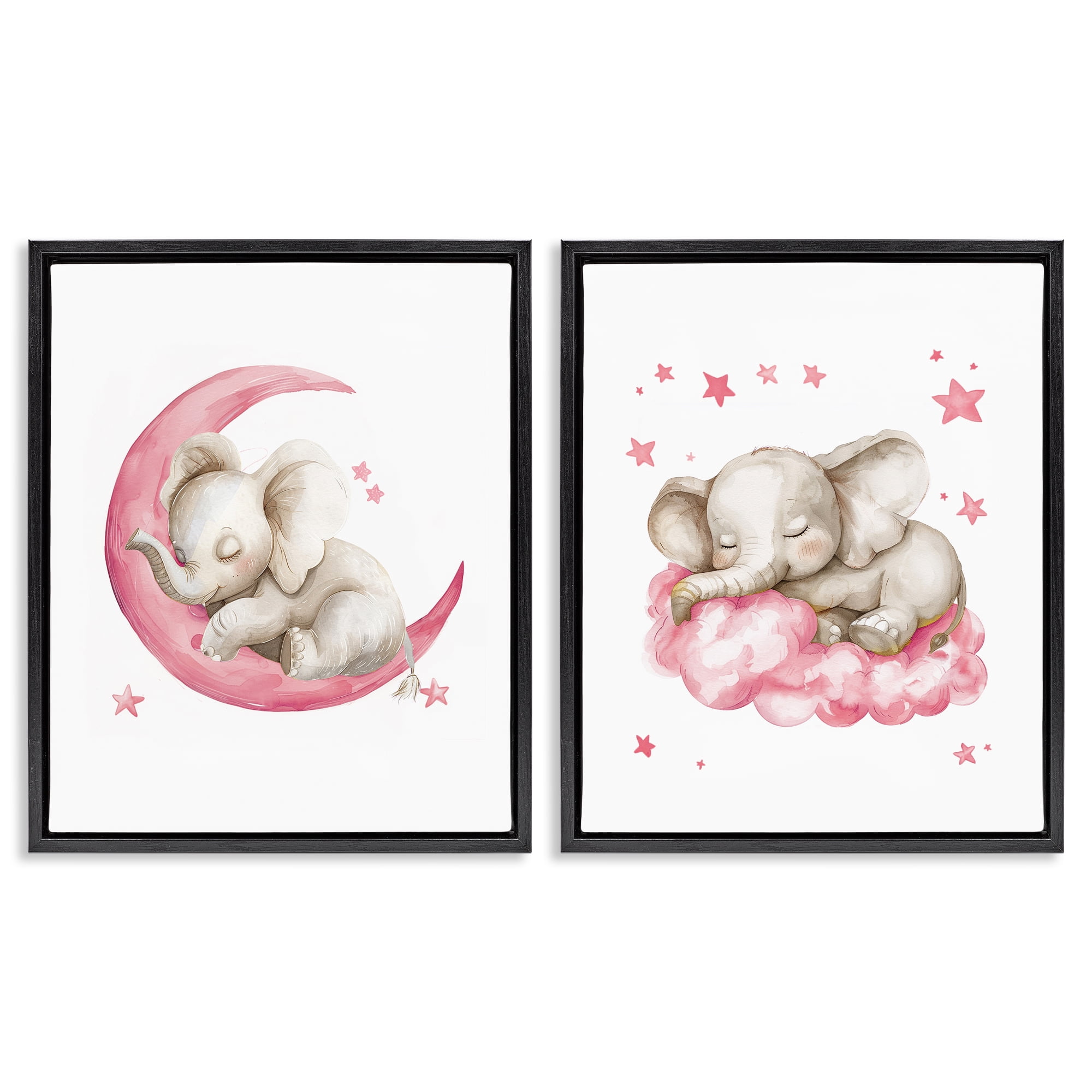 Stupell Industries Pink Sleepy Elephant Animals Painting Black Floater Framed Canvas Art Print Wall Art, 31 x 25, Set of 2
