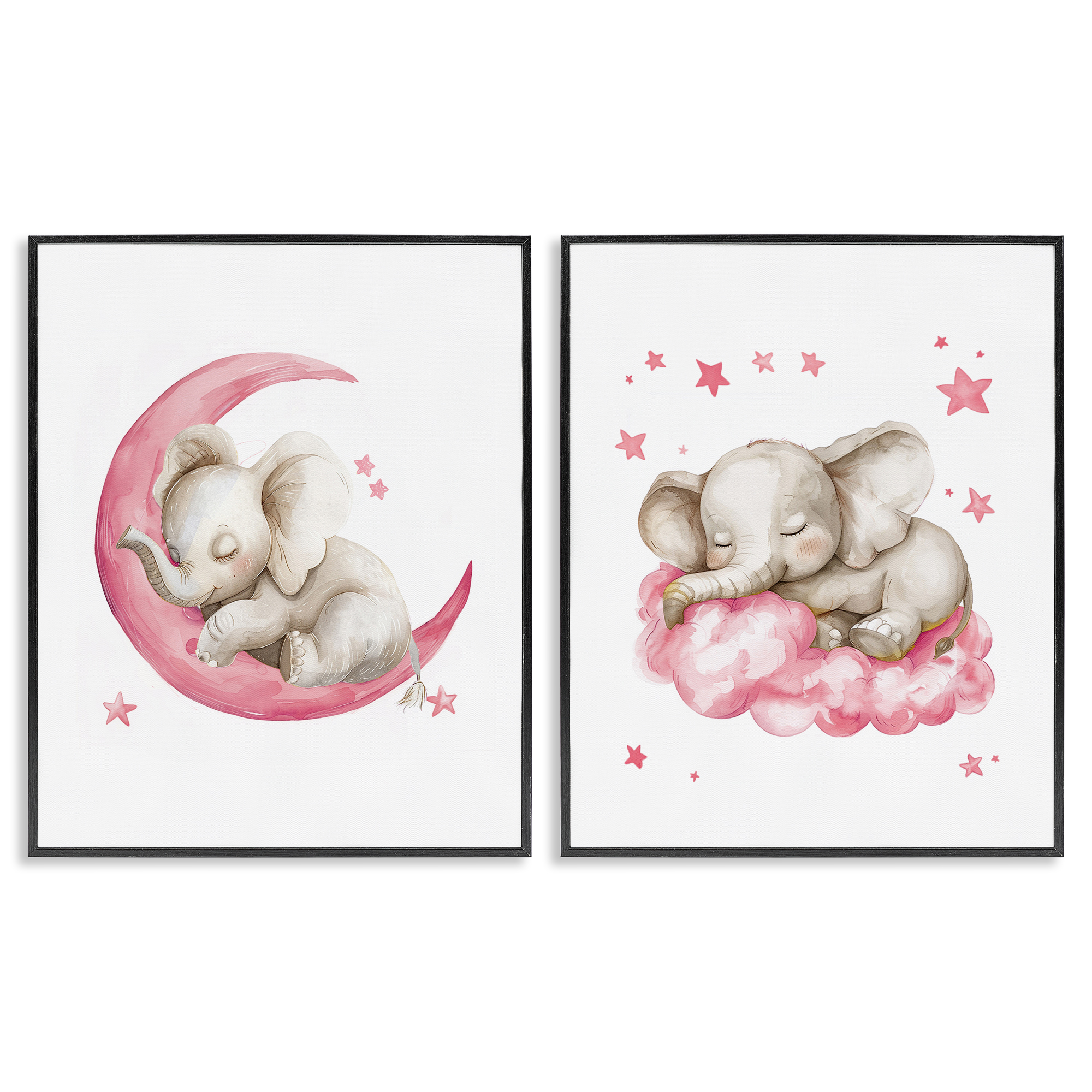 Stupell Industries Pink Sleepy Elephant Animals Painting Black Framed Art Print Wall Art, 16 x 20, Set of 2