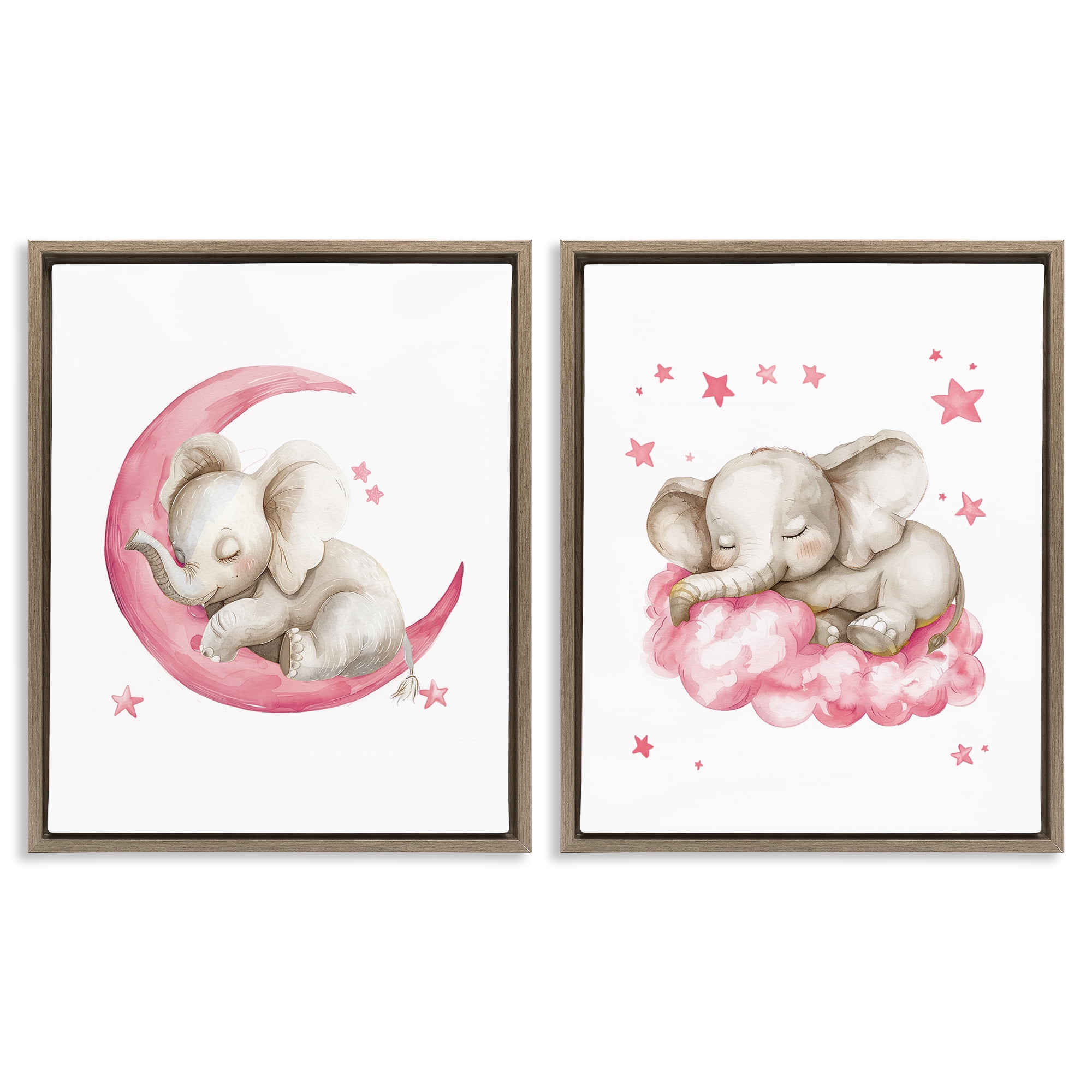 Stupell Industries Pink Sleepy Elephant Animals Painting Brown Floater Framed Canvas Art Print Wall Art, 17 x 21, Set of 2