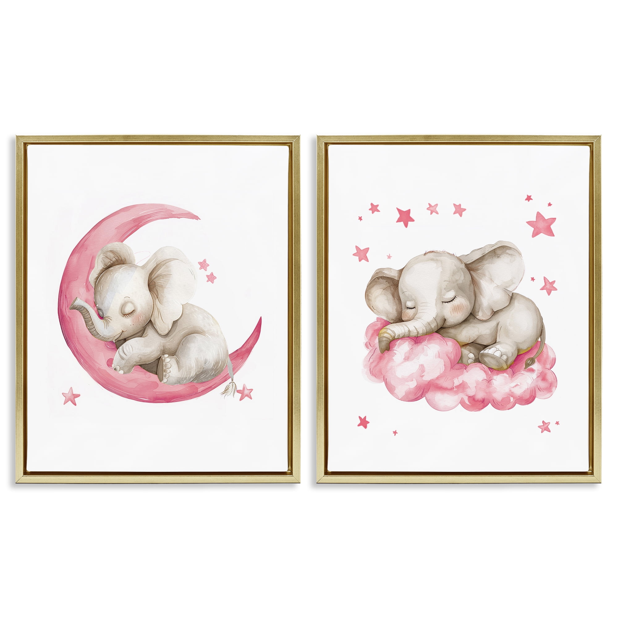Stupell Industries Pink Sleepy Elephant Animals Painting Gold Floater Framed Canvas Art Print Wall Art, 31 x 25, Set of 2