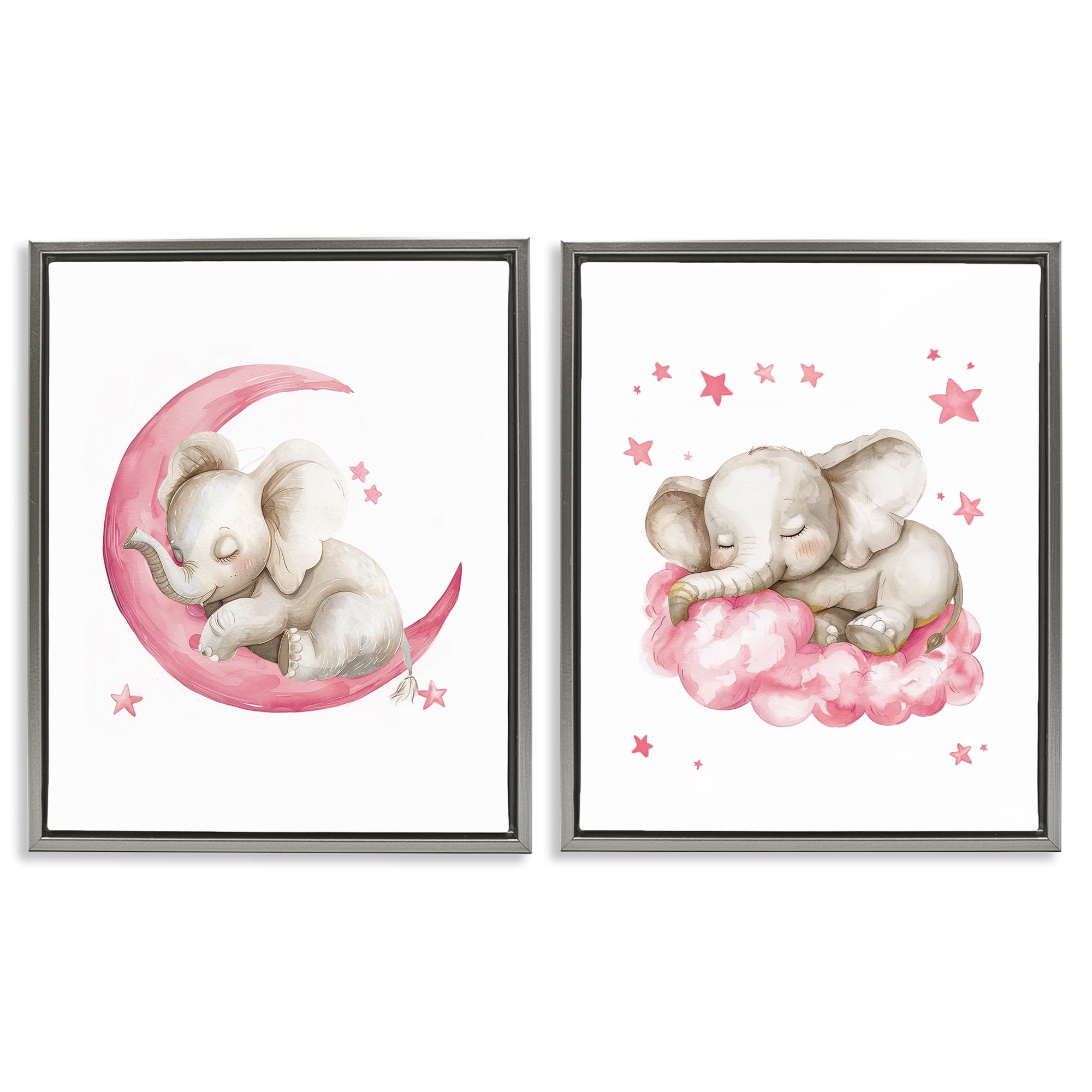 Stupell Industries Pink Sleepy Elephant Animals Painting Gray Floater Framed Canvas Art Print Wall Art, 17 x 21, Set of 2