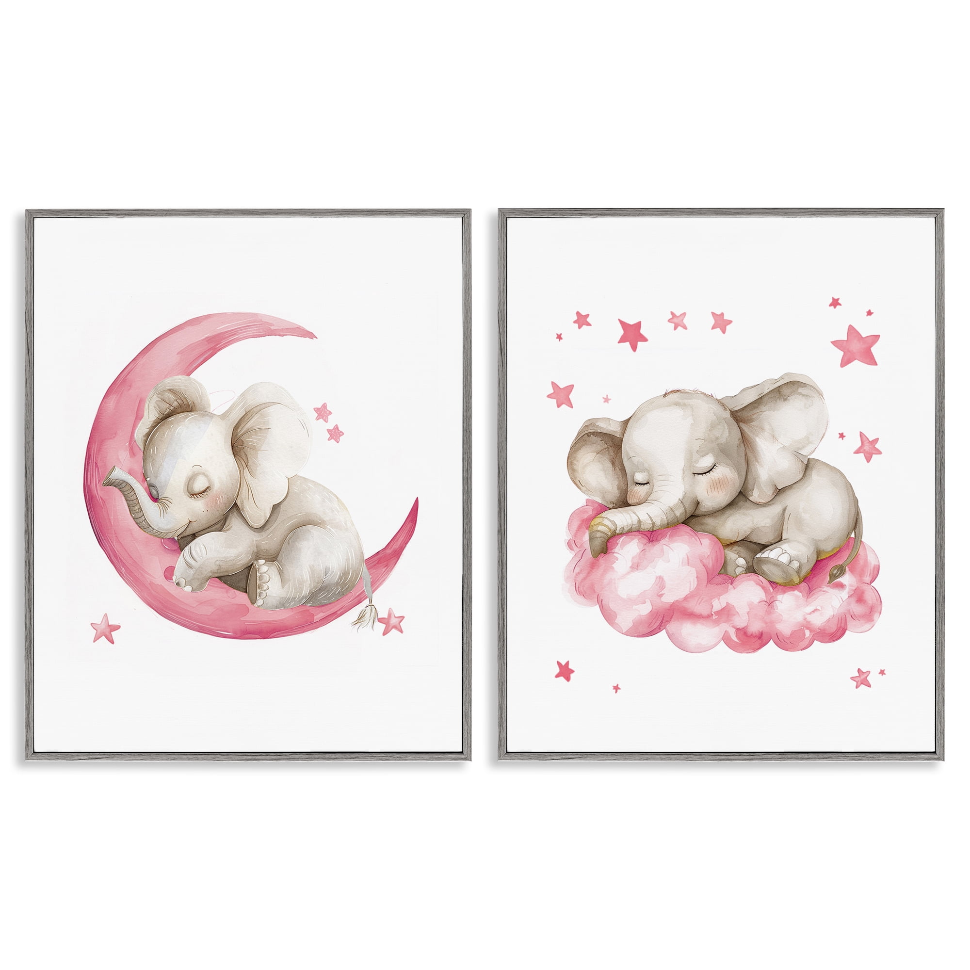 Stupell Industries Pink Sleepy Elephant Animals Painting Gray Framed Art Print Wall Art, 24 x 30, Set of 2