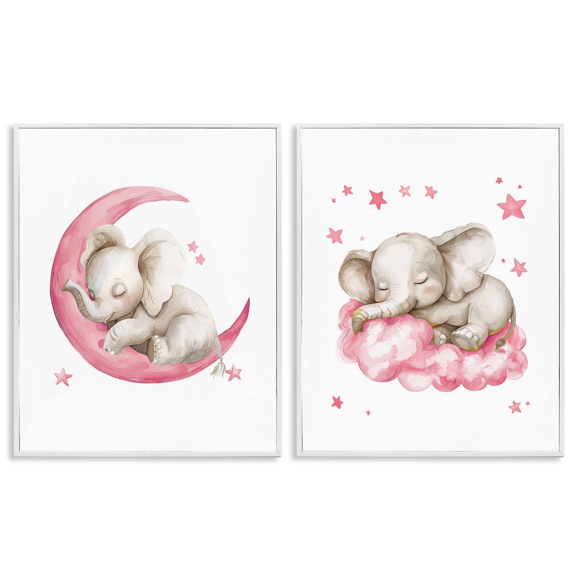Stupell Industries Pink Sleepy Elephant Animals Painting White Framed Art Print Wall Art, 11 x 14, Set of 2