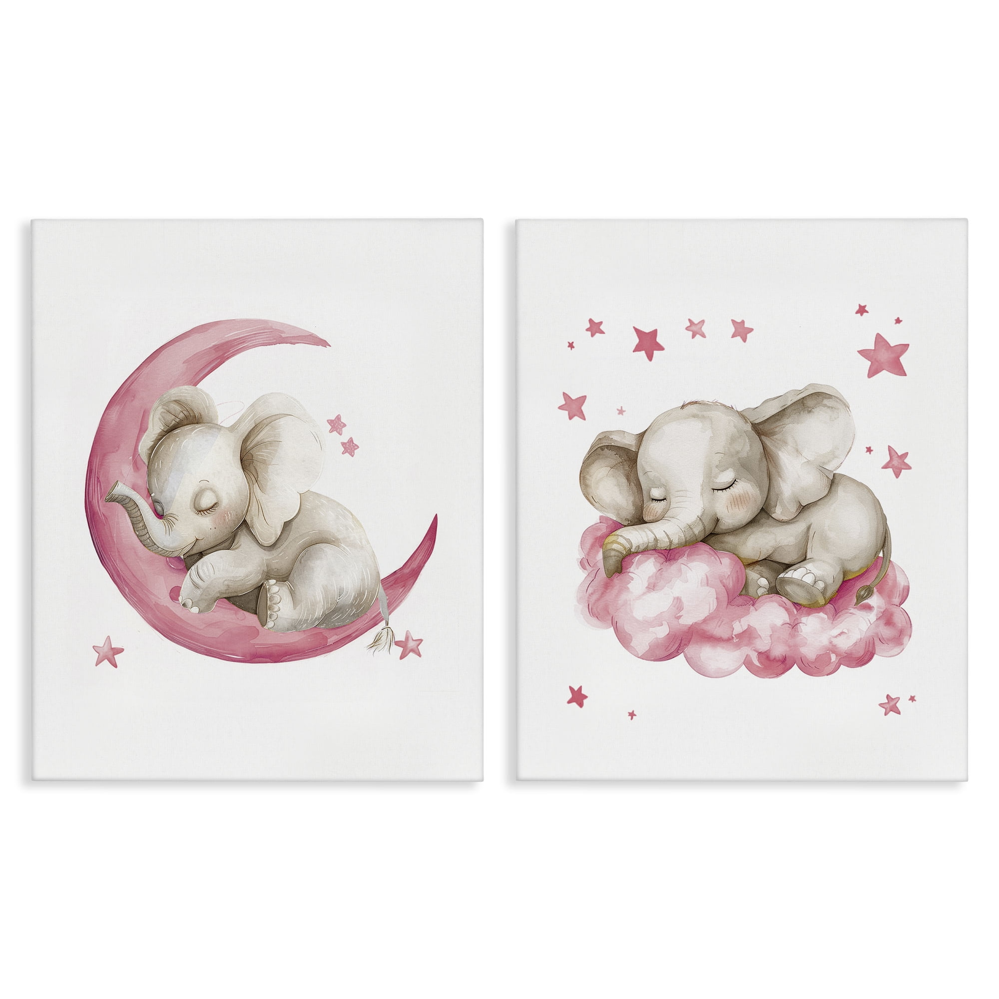 Stupell Industries Pink Sleepy Elephant Animals Painting Wrapped Canvas Art Print Wall Art, 16 x 20, Set of 2
