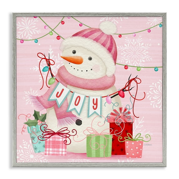 Stupell Industries Pink Snowman Joy Gray Framed Giclee Art design by Nicole Tamarin, 24 x 24