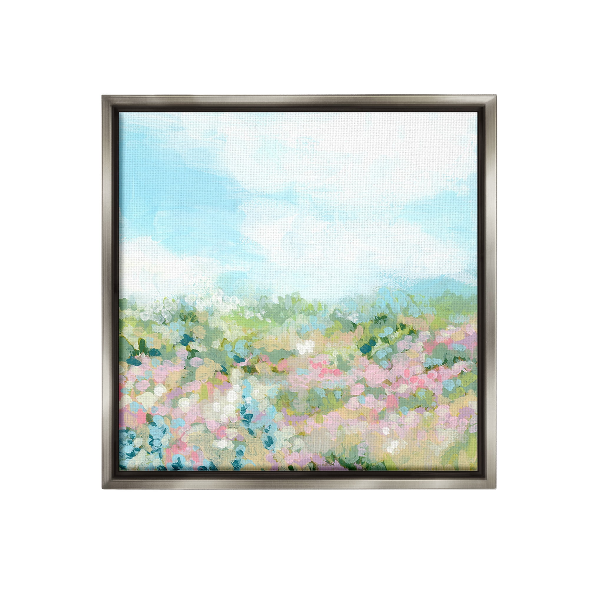 Stupell Industries Pink Speckled Meadow Landscape Painting Gray Floater Framed Canvas Art Print Wall Art, 18 x 18
