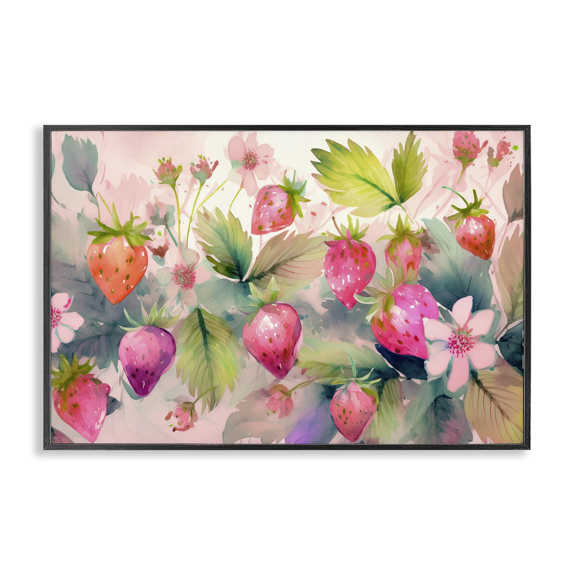 Stupell Industries Pink Strawberries & Bloom Food & Beverage Painting Black Framed Art Print Wall Art, 24 x 16