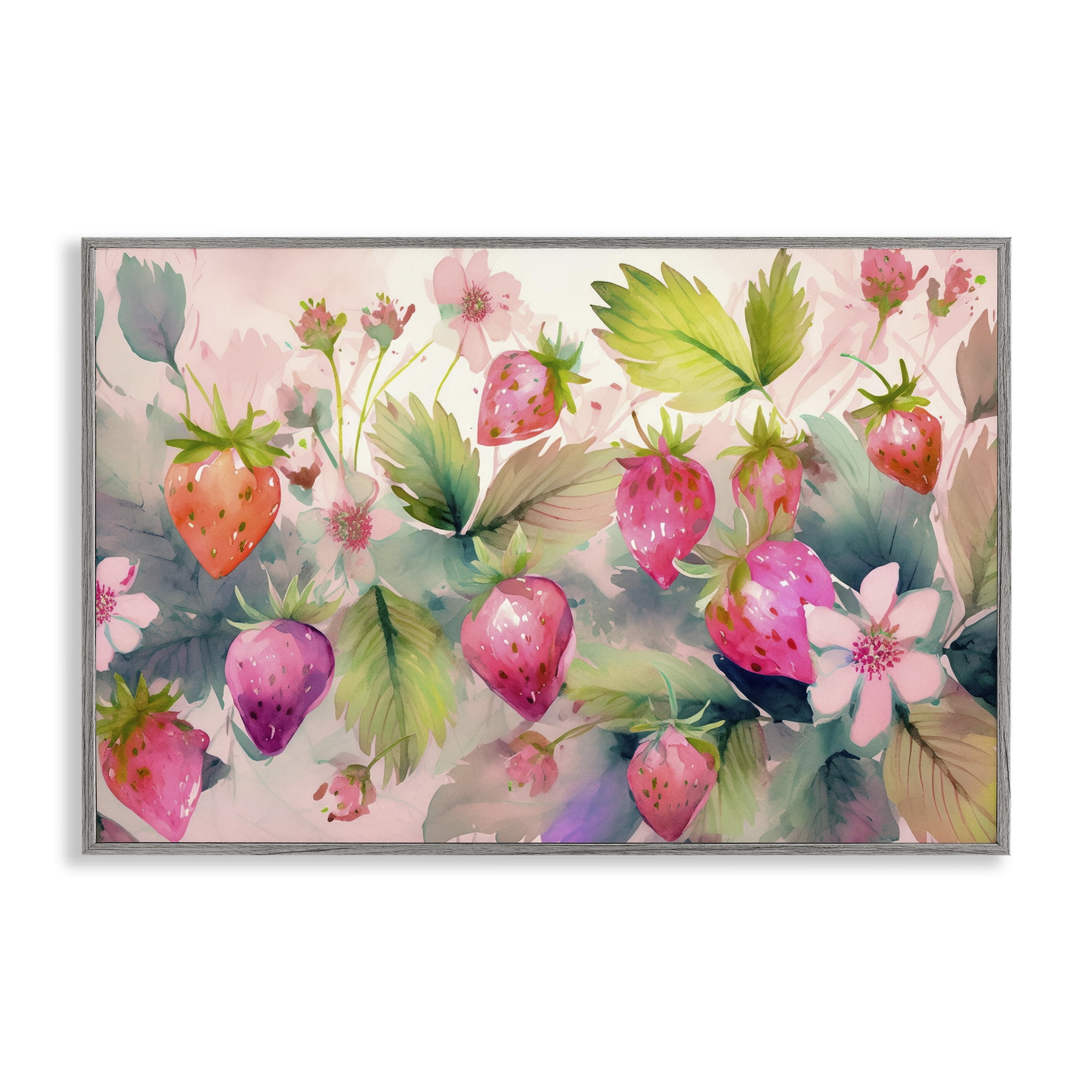 Stupell Industries Pink Strawberries & Bloom Food & Beverage Painting Gray Framed Art Print Wall Art, 18 x 12