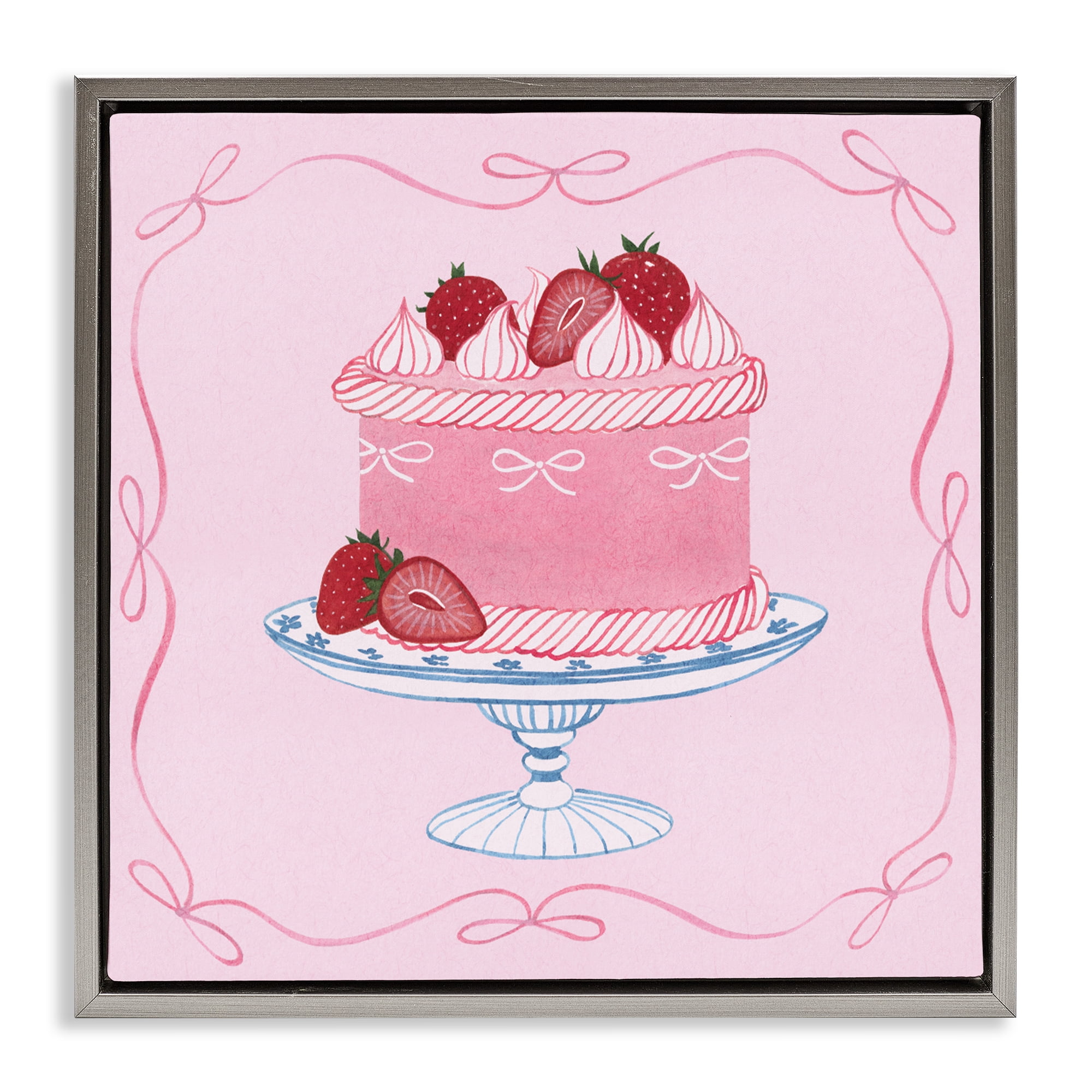 Stupell Industries Pink Strawberry Cake Gray Framed Floater Canvas Wall Art, design by Grace Popp