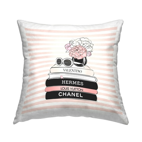 Stupell Industries Pink Striped Fashion Bookstack Decorative Printed Throw Pillow, 18 x 18
