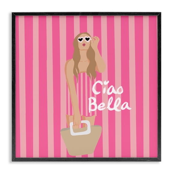 Stupell Industries Pink Striped Glam Girl People Painting Black Framed Art Print Wall Art, 12 x 12