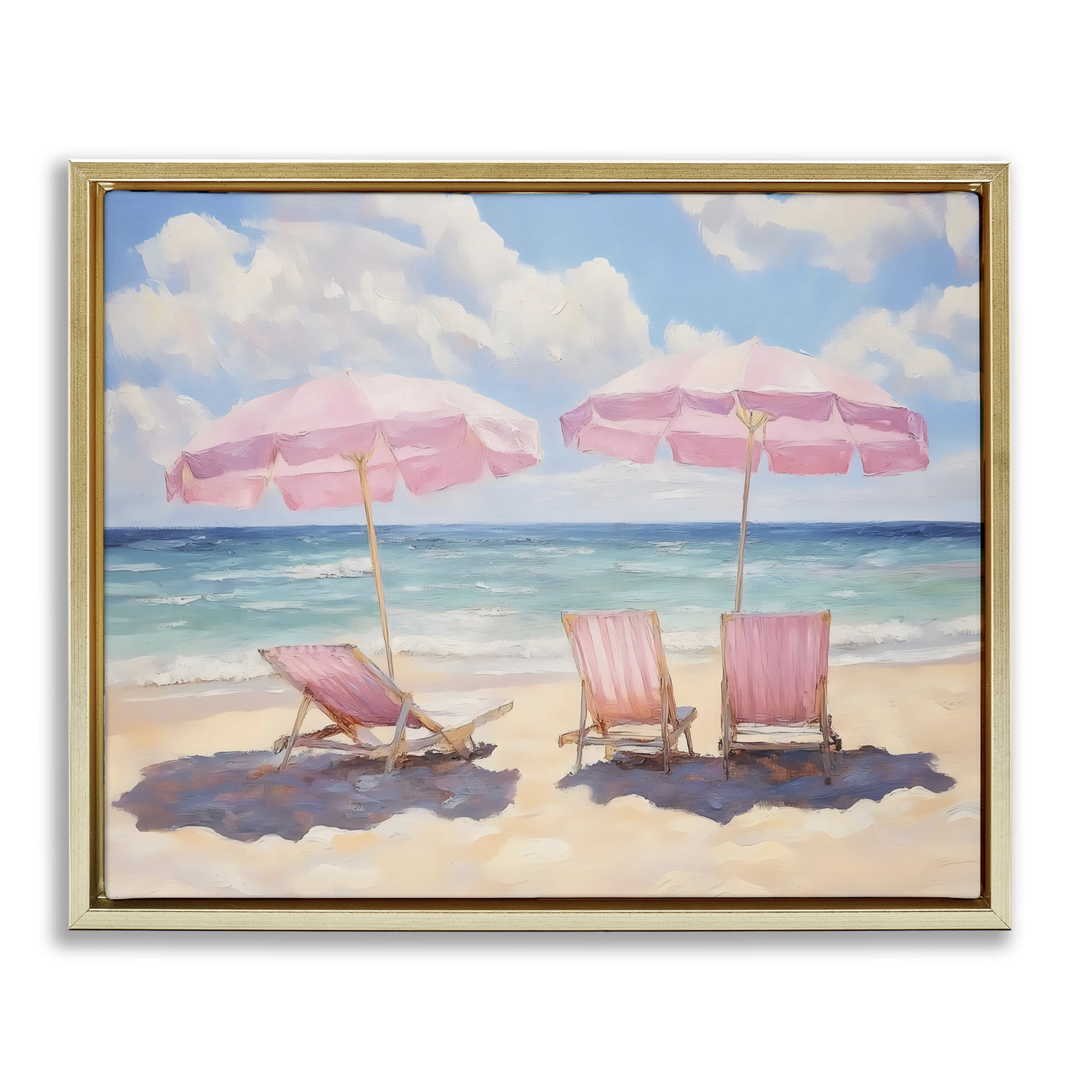 Stupell Industries Pink Summer Chairs by the Sea Gold Framed Floater Canvas Wall Art, design by LSR Design Studio