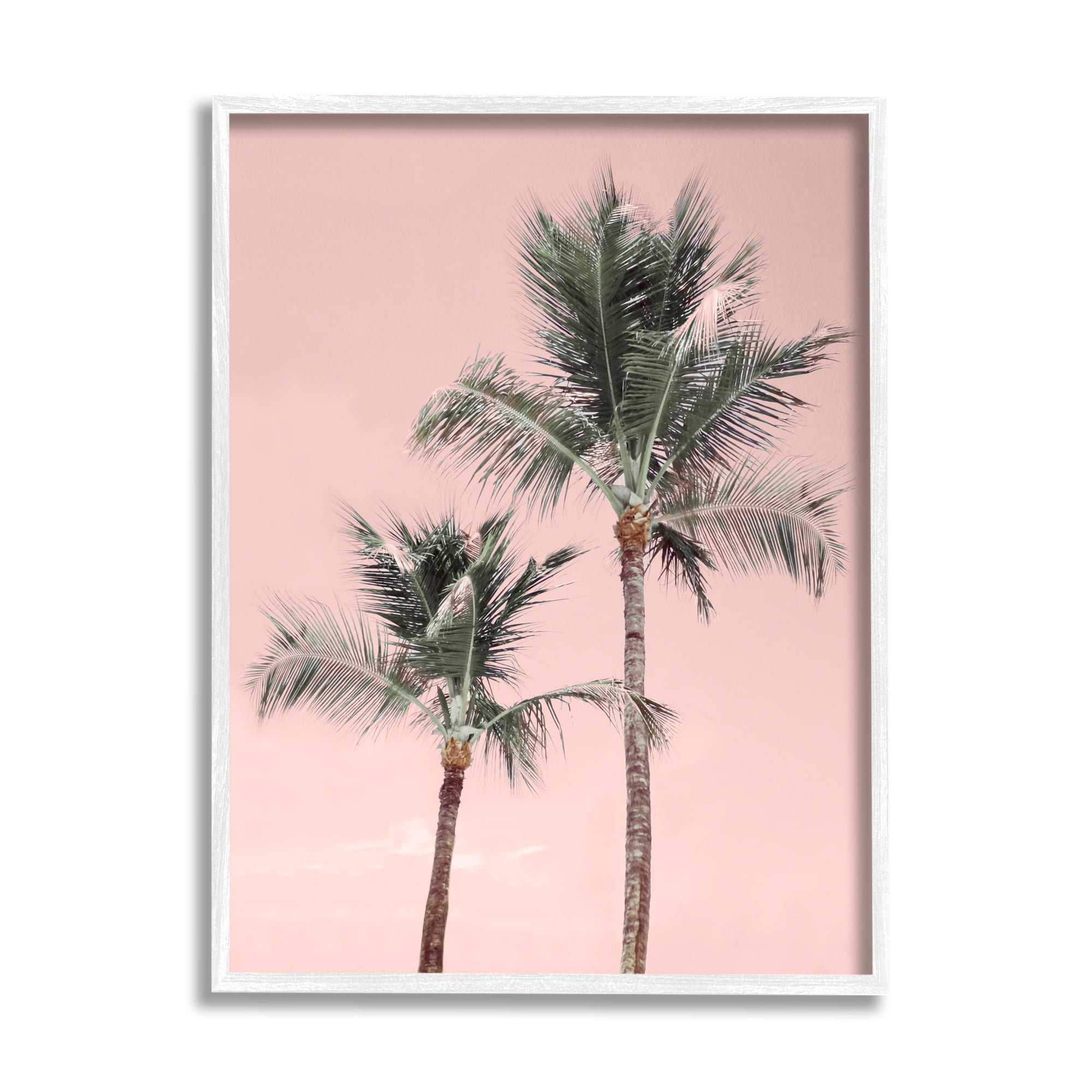 White Framed Pink Summer Palm Trees 24" x 30" Wood Art Print