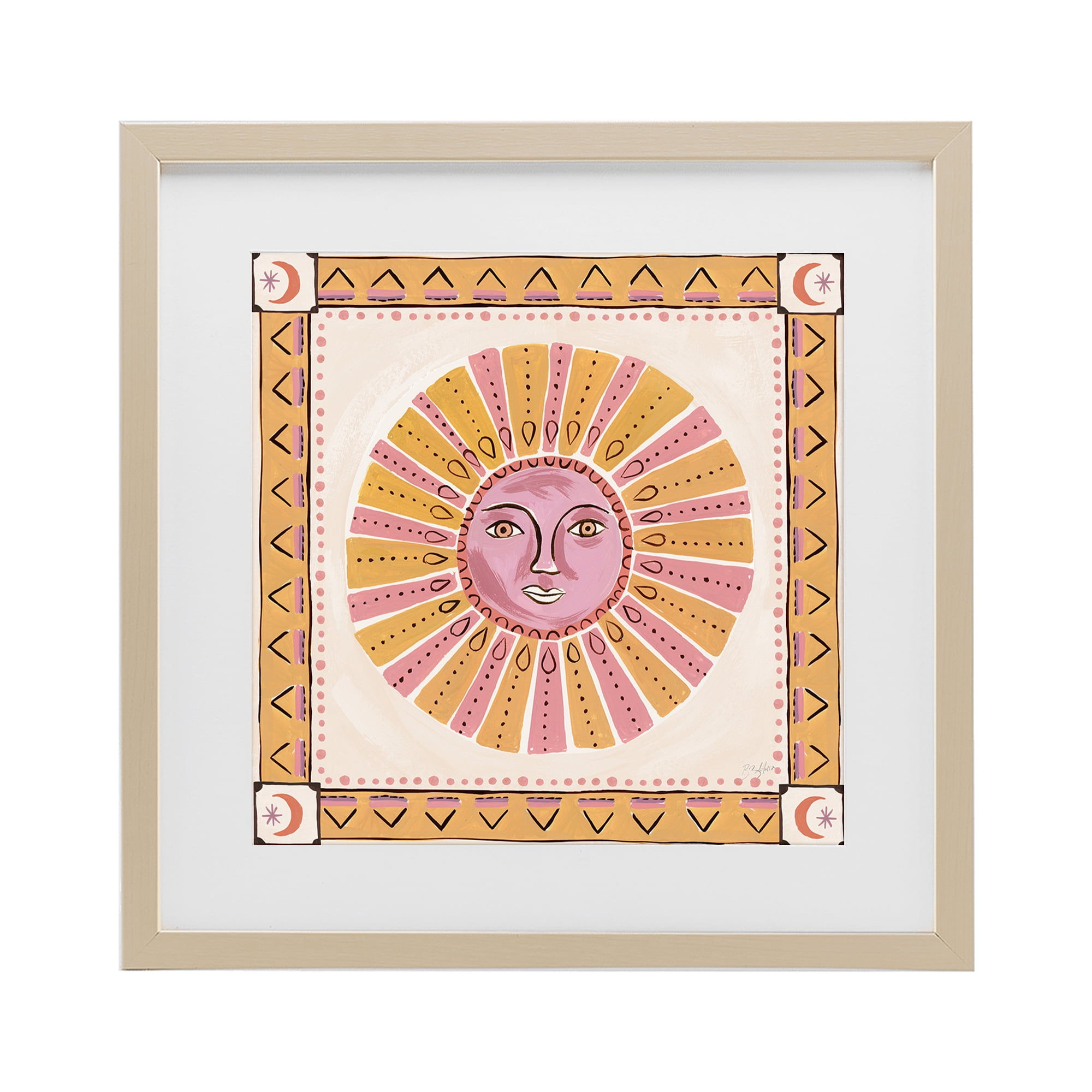 Stupell Industries Pink Sun Face with Geometric Border Birch Framed Print Under Glass, design by Two If By Sea Studios