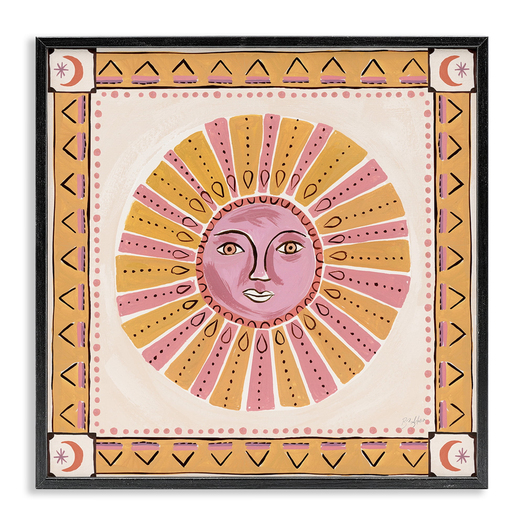 Stupell Industries Pink Sun Face with Geometric Border Black Framed Giclee Art, design by Two If By Sea Studios