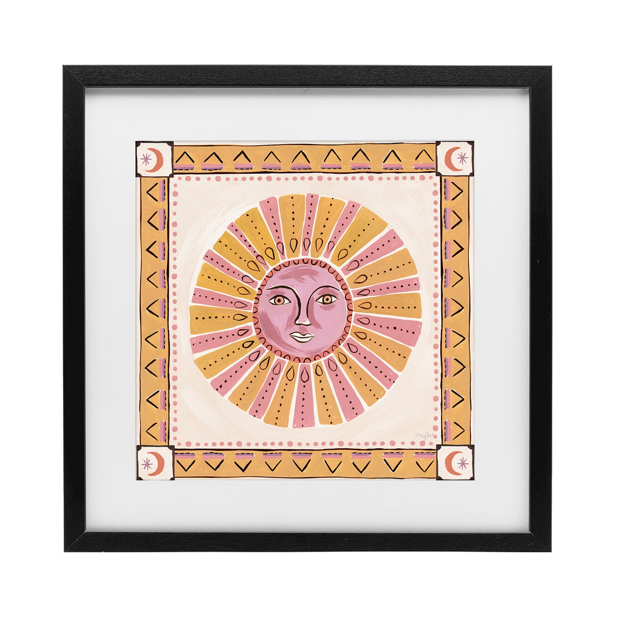Stupell Industries Pink Sun Face with Geometric Border Black Framed Print Under Glass, design by Two If By Sea Studios