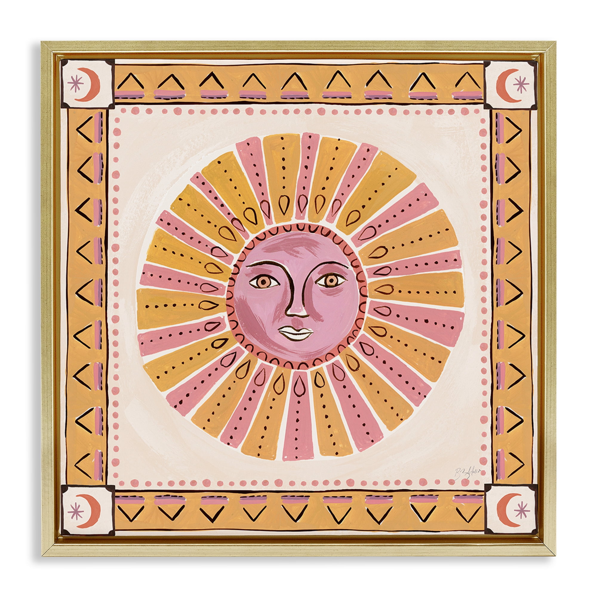 Stupell Industries Pink Sun Face with Geometric Border Gold Framed Floater Canvas Wall Art, design by Two If By Sea Studios