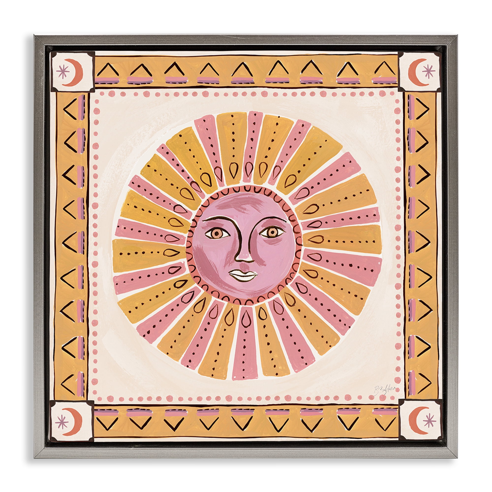 Stupell Industries Pink Sun Face with Geometric Border Gray Framed Floater Canvas Wall Art, design by Two If By Sea Studios