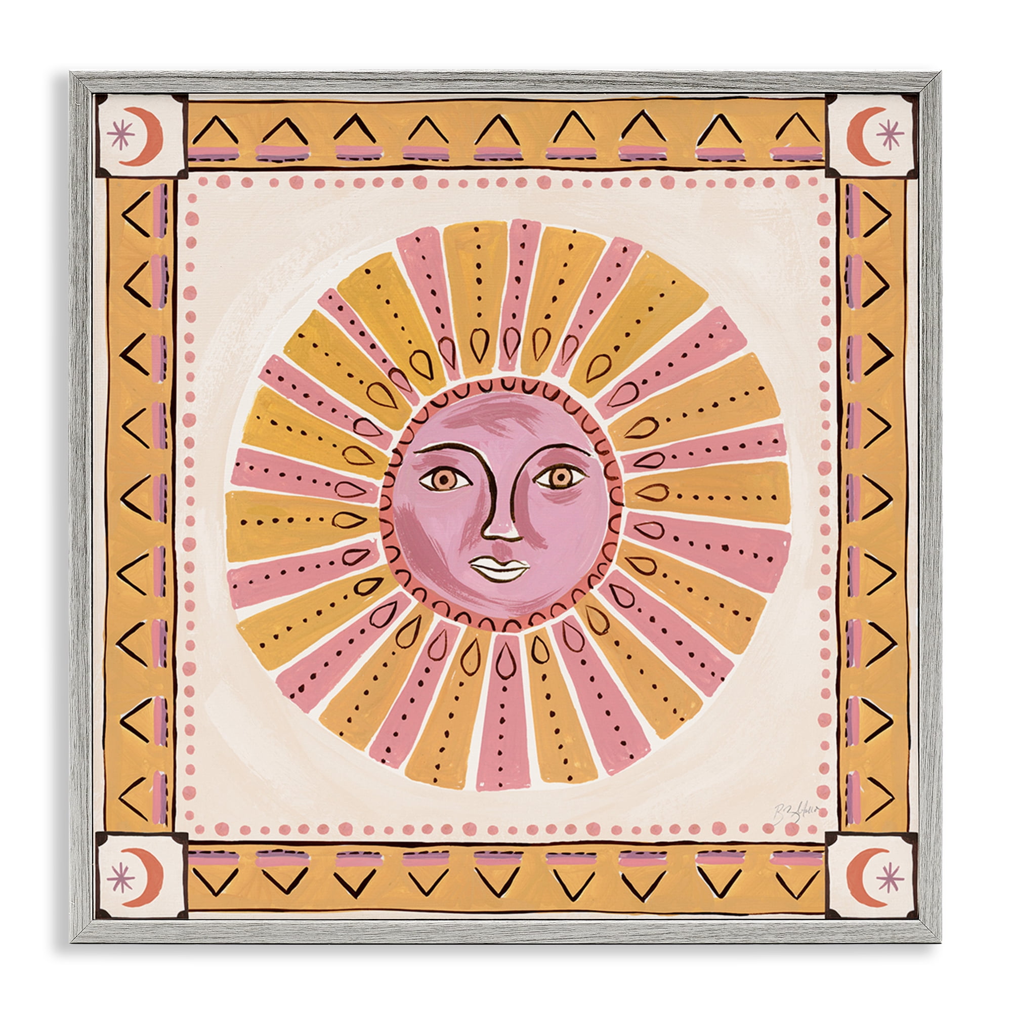 Stupell Industries Pink Sun Face with Geometric Border Gray Framed Giclee Art, design by Two If By Sea Studios