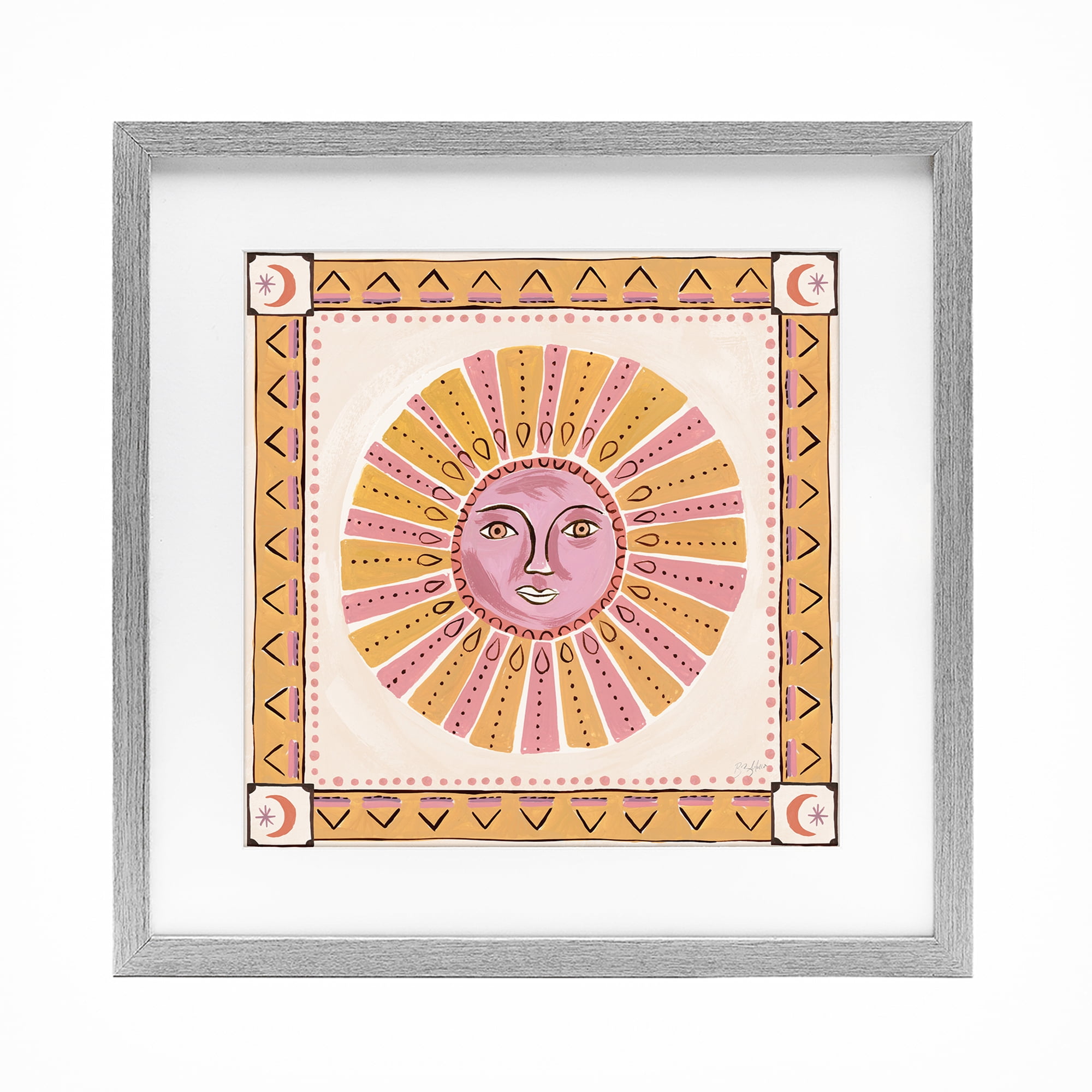 Stupell Industries Pink Sun Face with Geometric Border Gray Framed Print Under Glass, design by Two If By Sea Studios