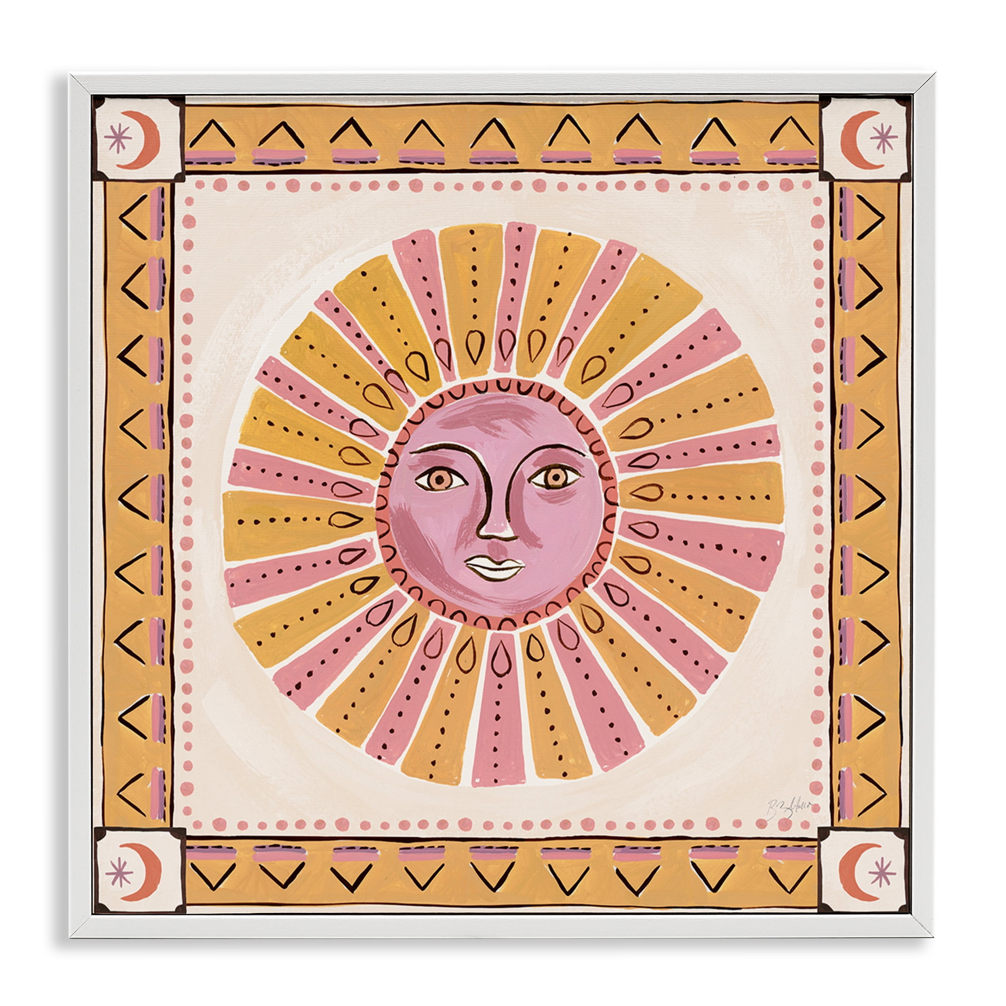 Stupell Industries Pink Sun Face with Geometric Border White Framed Giclee Art, design by Two If By Sea Studios