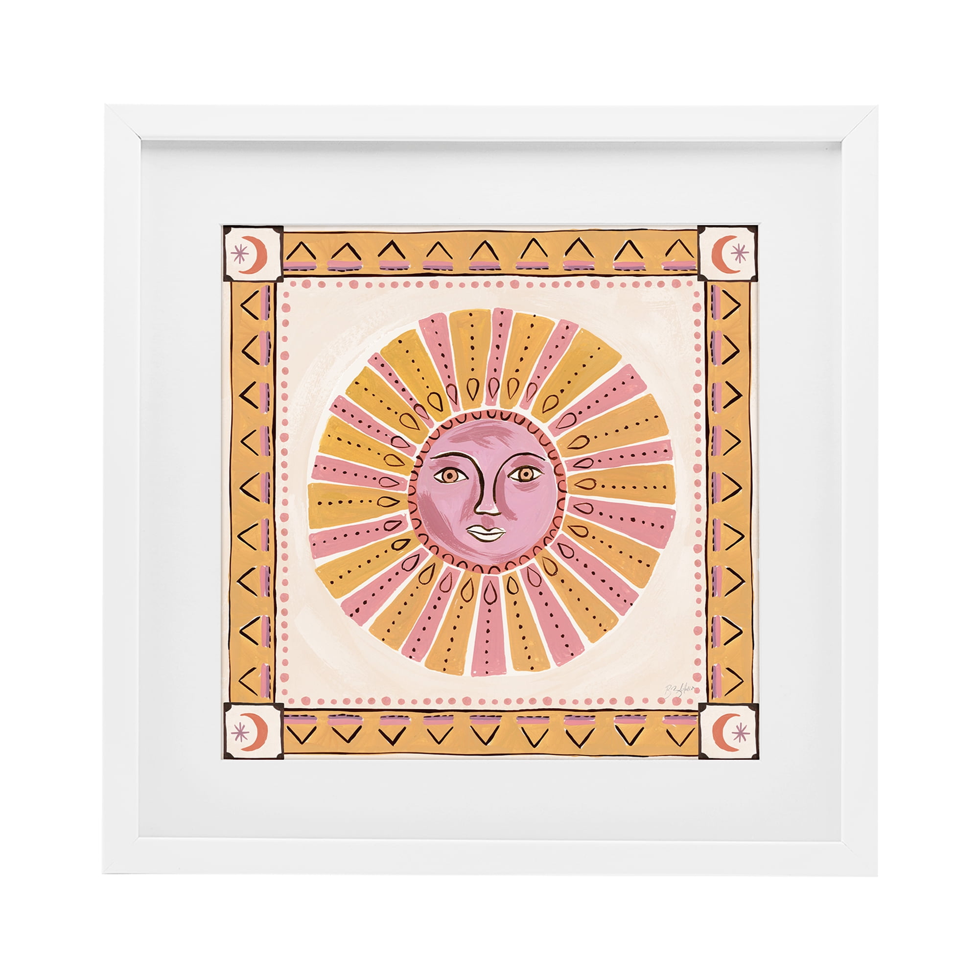 Stupell Industries Pink Sun Face with Geometric Border White Framed Print Under Glass, design by Two If By Sea Studios