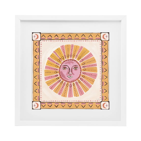 Stupell Industries Eclectic Pink Sun Face with Geometric Border White Framed Print Under Glass, 13 x 13, by Two If By Sea Studios