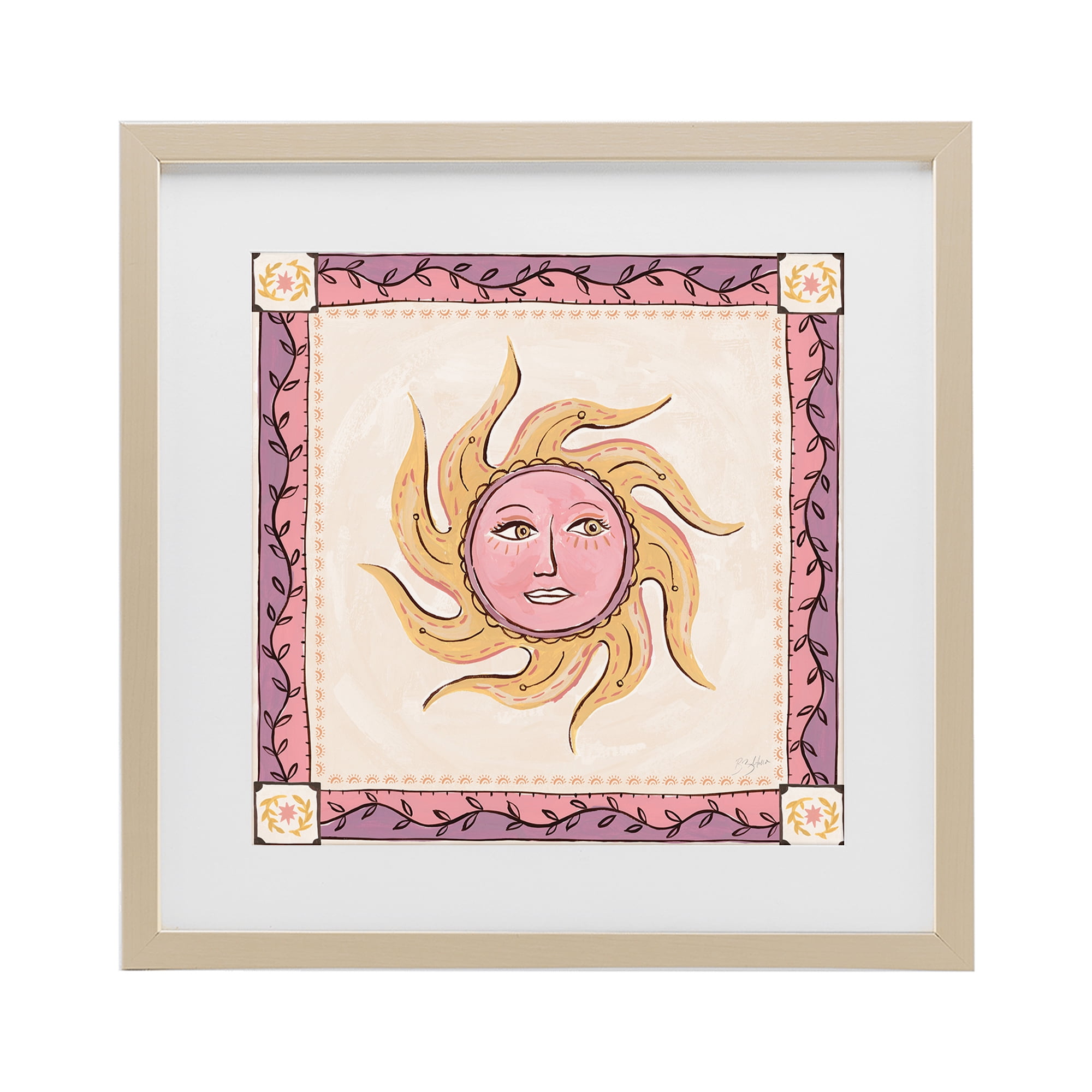 Stupell Industries Pink Sun Face with Leaf Border Birch Framed Print Under Glass, design by Two If By Sea Studios