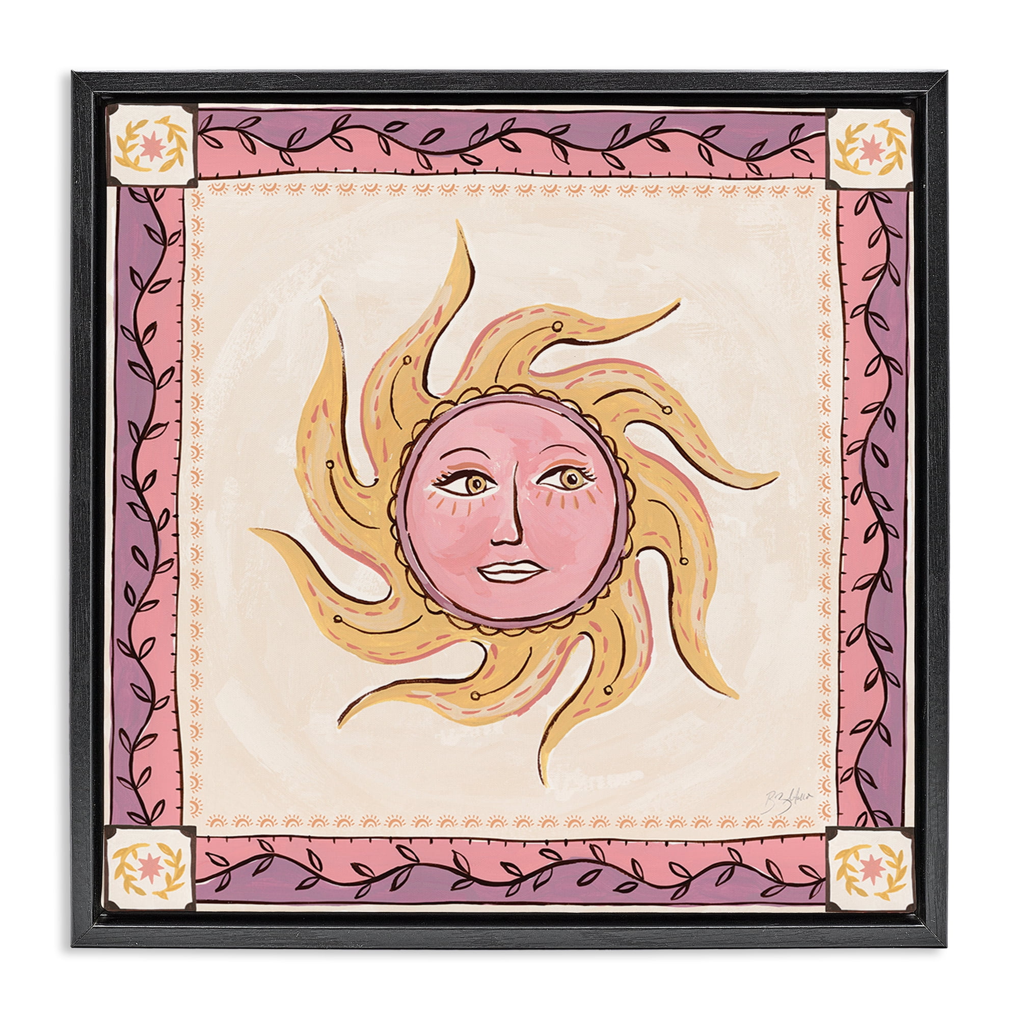 Stupell Industries Pink Sun Face with Leaf Border Black Framed Floater Canvas Wall Art, design by Two If By Sea Studios