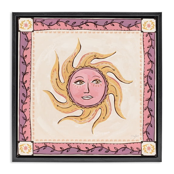 Stupell Industries Eclectic Pink Sun Face with Leaf Border Black Floating Frame Canvas Art, 18 x 18, by Two If By Sea Studios