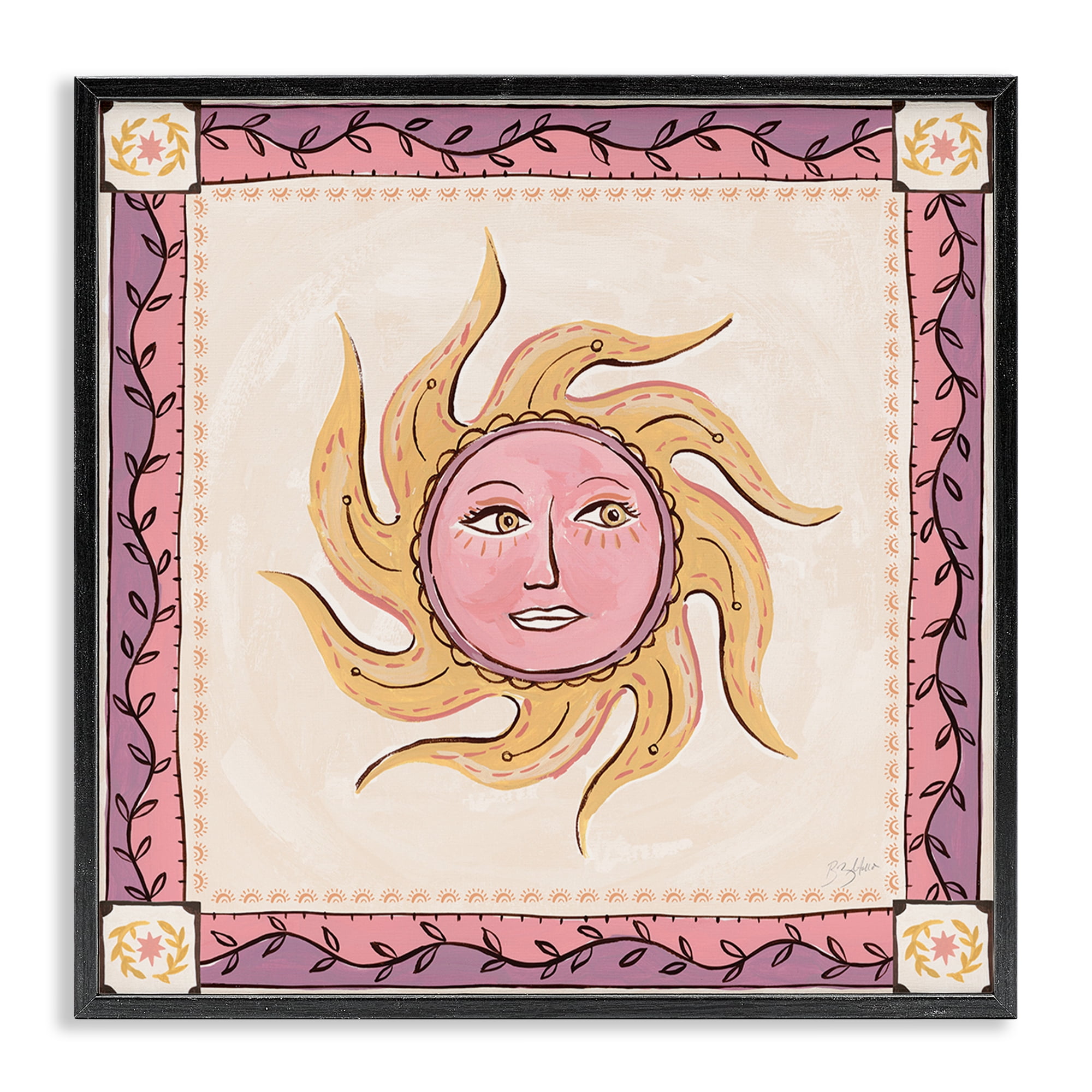 Stupell Industries Pink Sun Face with Leaf Border Black Framed Giclee Art, design by Two If By Sea Studios