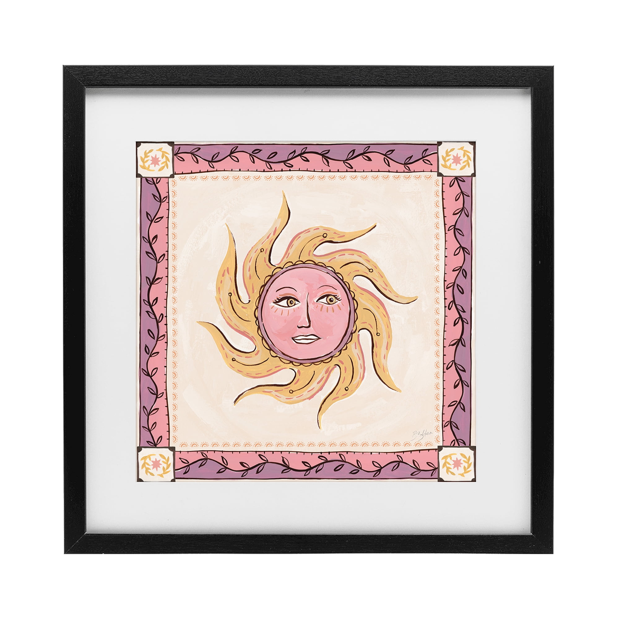 Stupell Industries Pink Sun Face with Leaf Border Black Framed Print Under Glass, design by Two If By Sea Studios