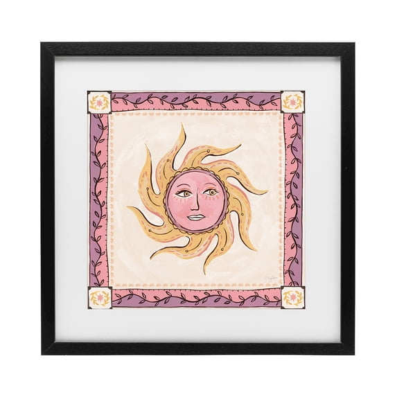 Stupell Industries Eclectic Pink Sun Face with Leaf Border Black Framed Print Under Glass, 13 x 13, by Two If By Sea Studios