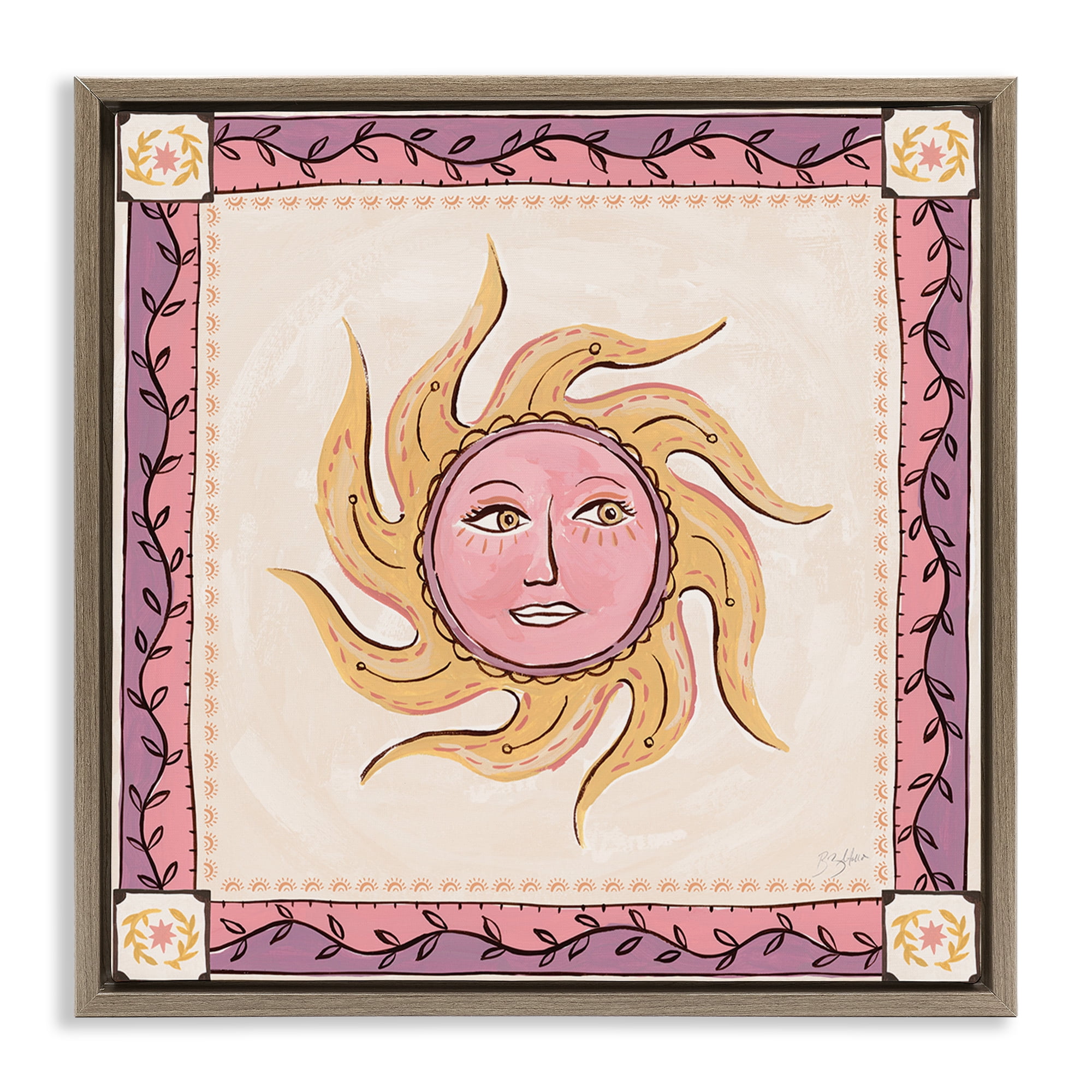 Stupell Industries Pink Sun Face with Leaf Border Brown Framed Floater Canvas Wall Art, design by Two If By Sea Studios